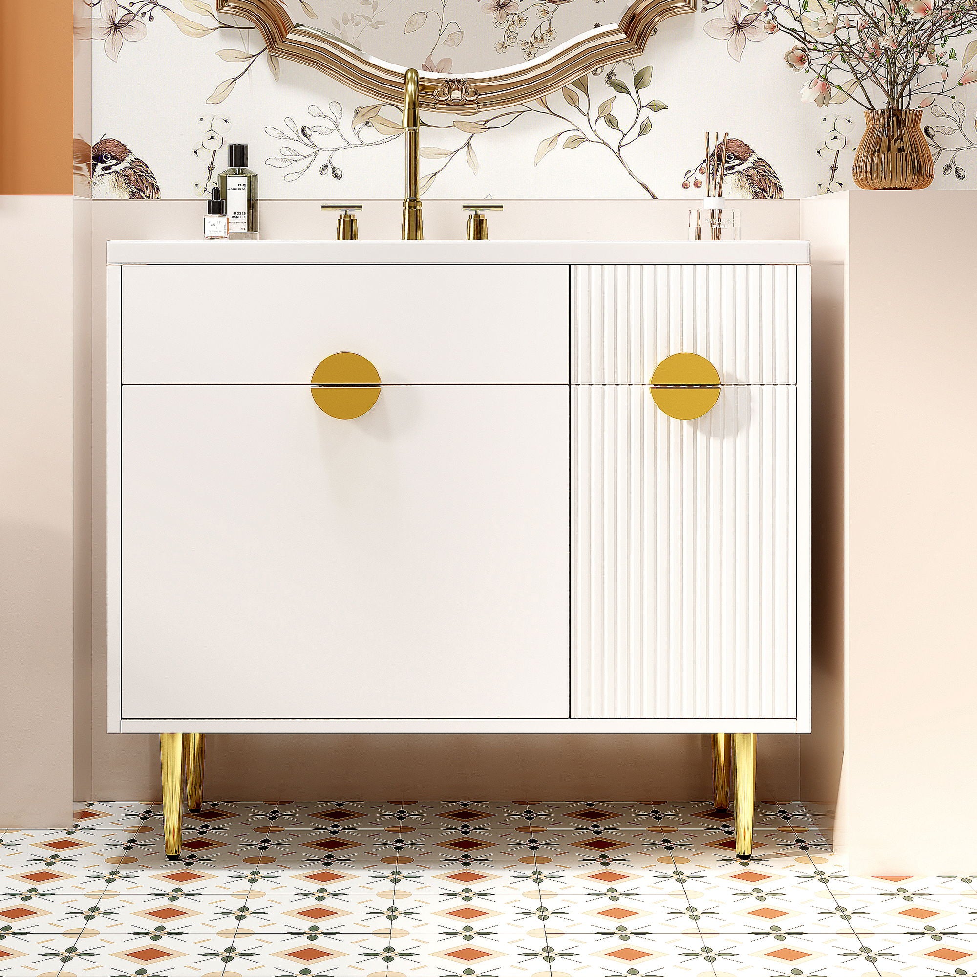 Bathroom Vanity With Sink, Storage Cabinet Soft Closing Door And Drop Down Compartment - White