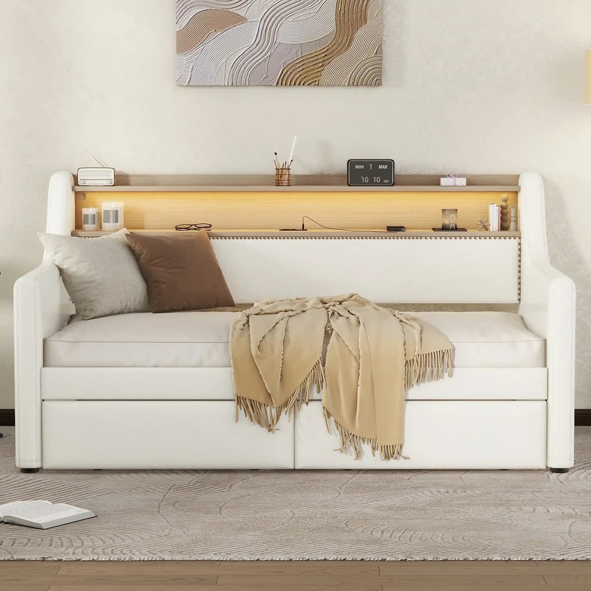 Twin Size Daybed with Drawers, Upholstered Daybed with Charging Station and LED Lights