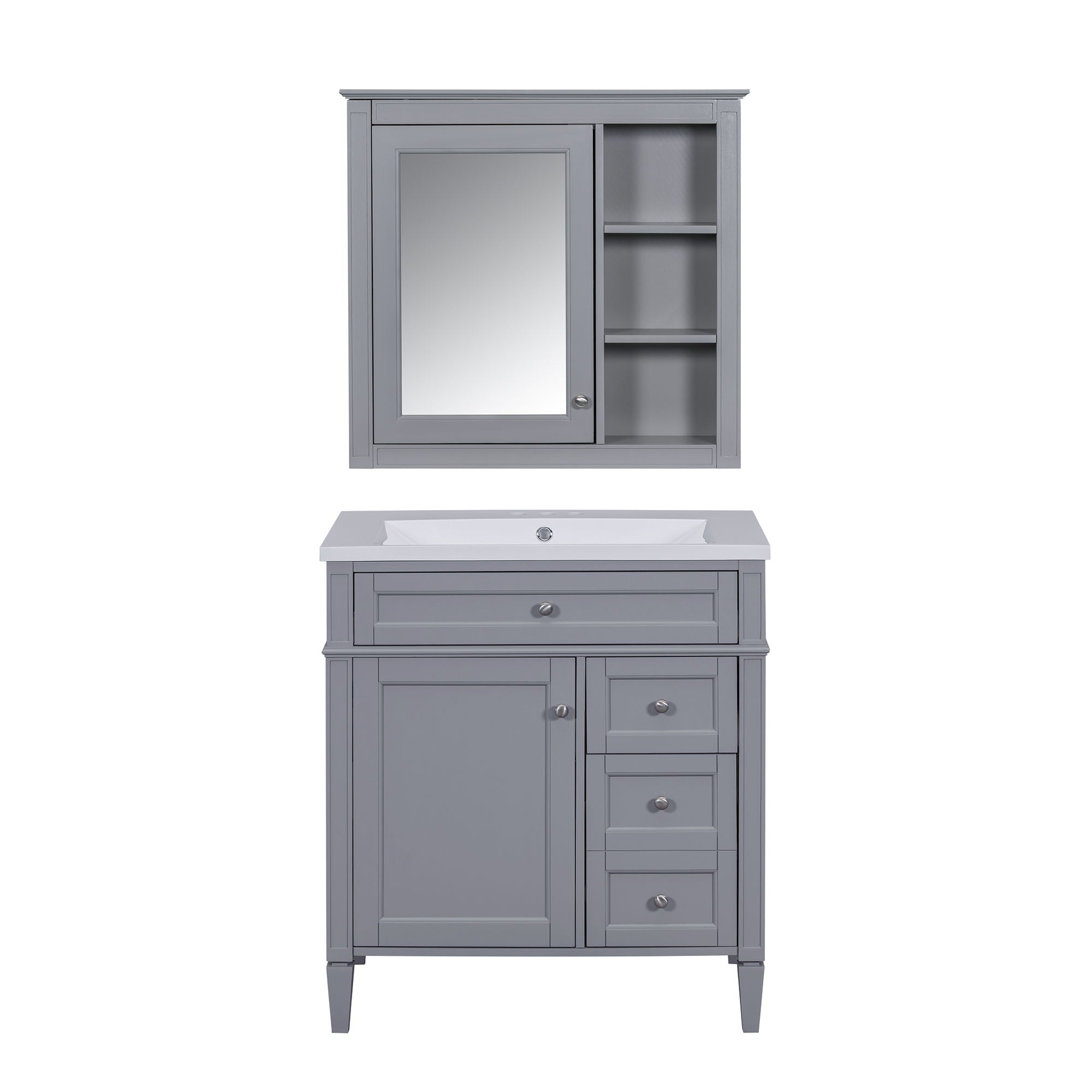 Bathroom Vanity With Top Sink, 2 Doors And 3 Drawers, Freestanding Set With Mirror Cabinet