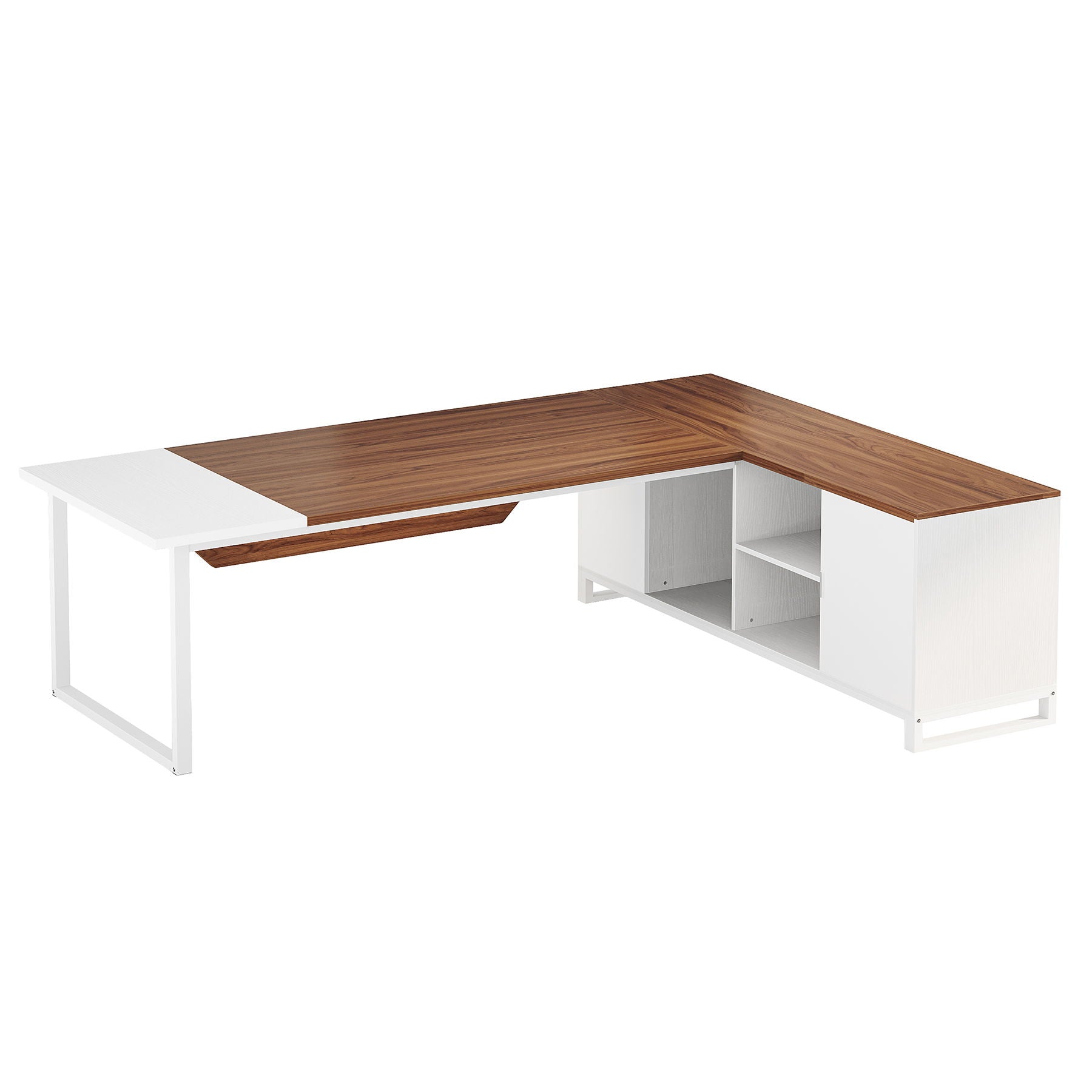 L-Shaped Executive Desk With File Cabinet, Large Workspace For Home Office - White / Walnut