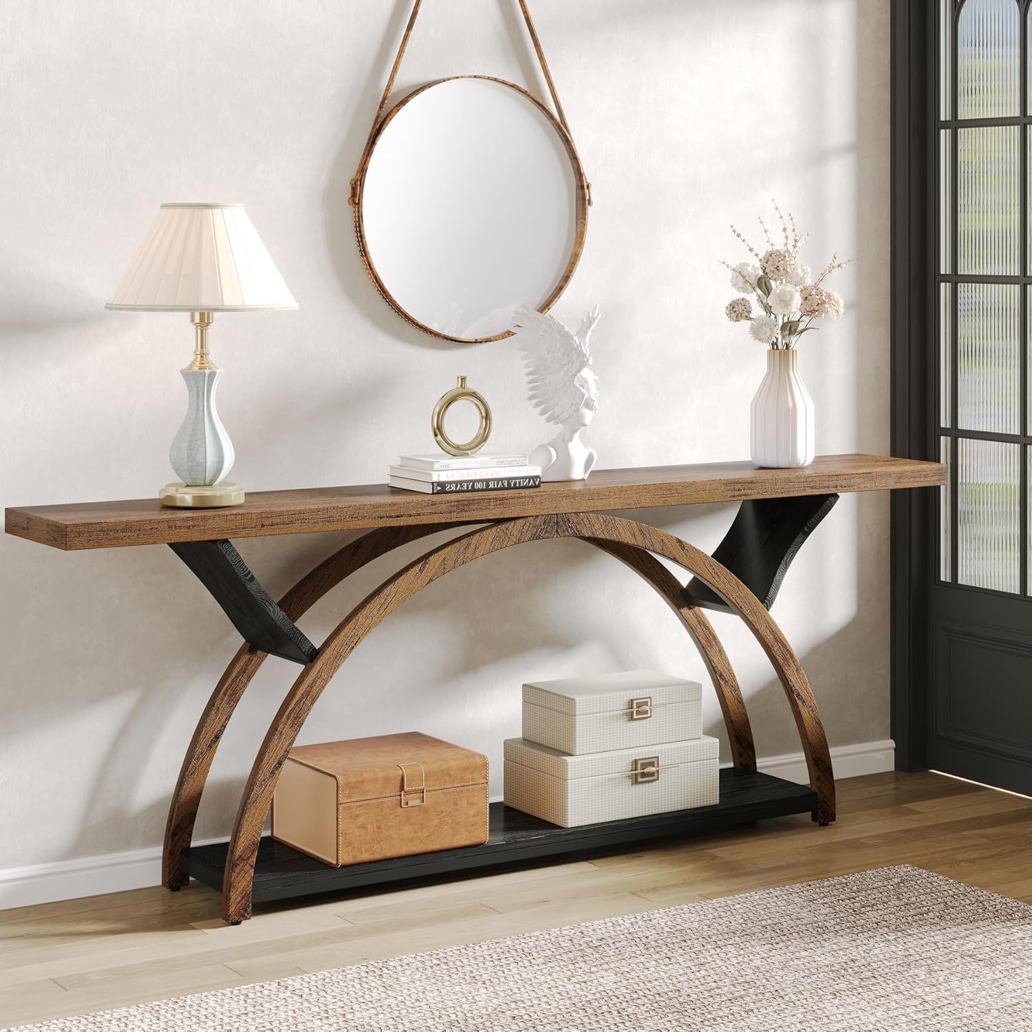 Console Table With 2 Tier Storage And Half Moon Frame For Hallway - Brown / Black