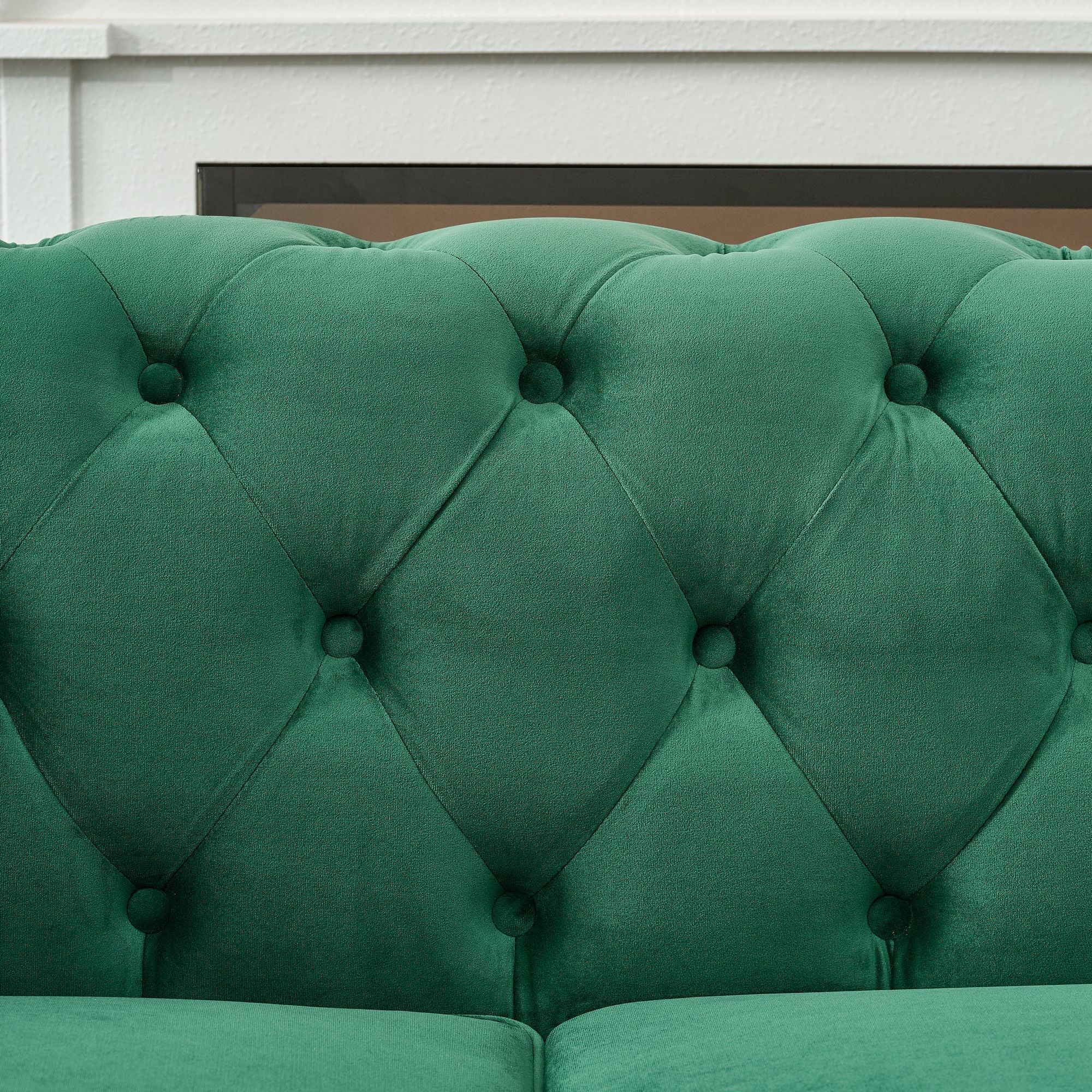 Mid Century Chesterfield Velvet Fabric Sofa With Roll Armrest & Nailhead, Green, 87 Inches