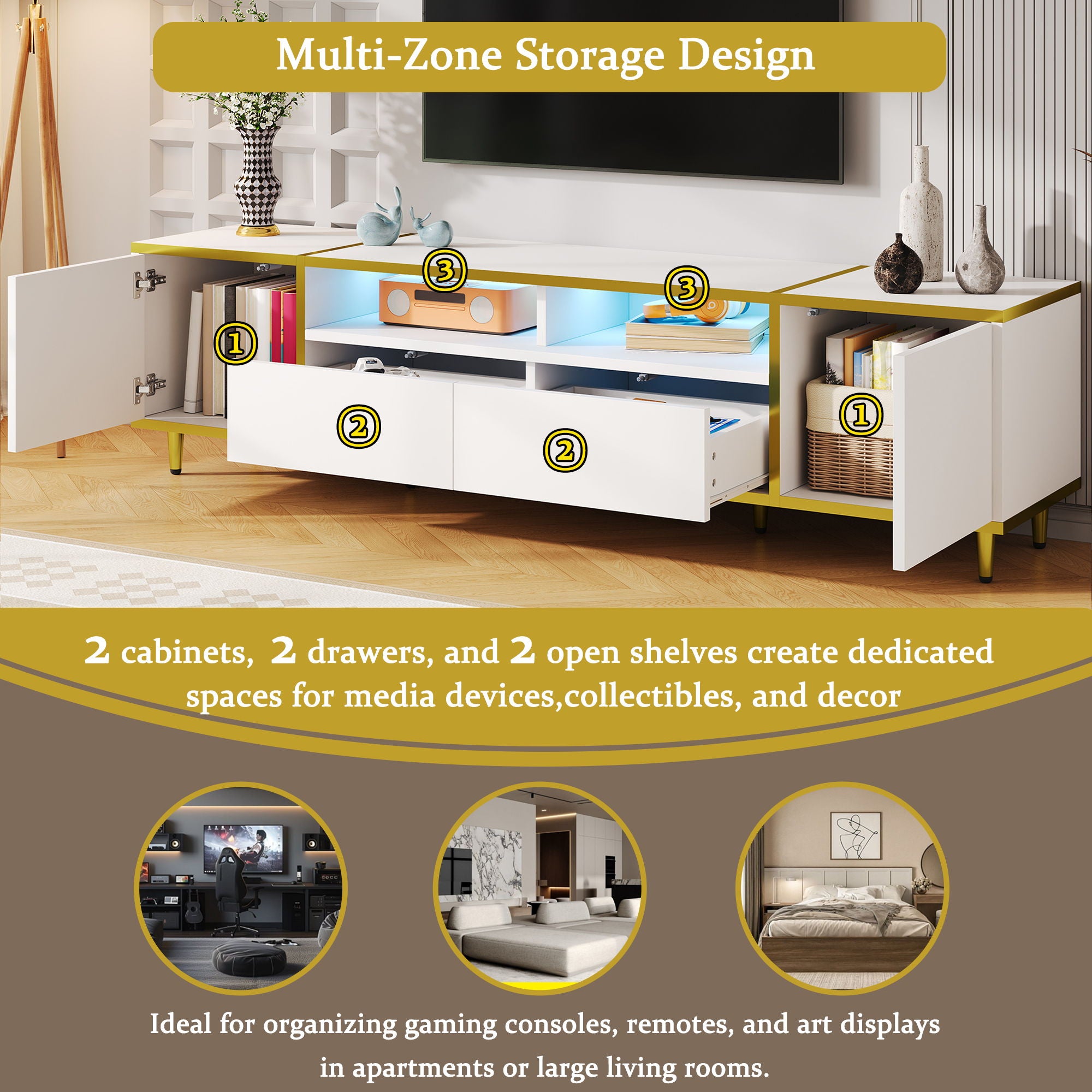 TV Stand For TVs Up To 80", Entertainment Center With 2 Shelves And LED Lights