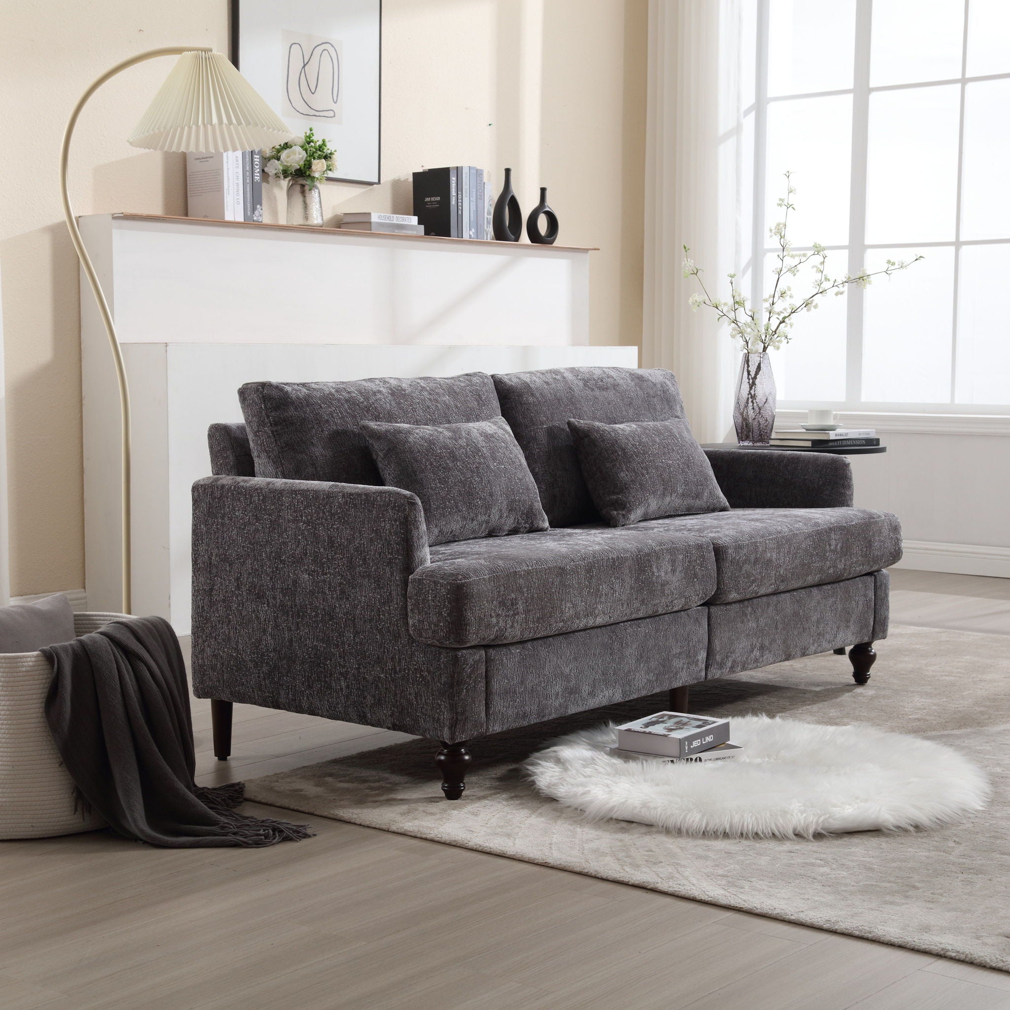 Mid Century Modern Chenille Fabric Loveseat Sofa, 2 Seat Upholstered Couch