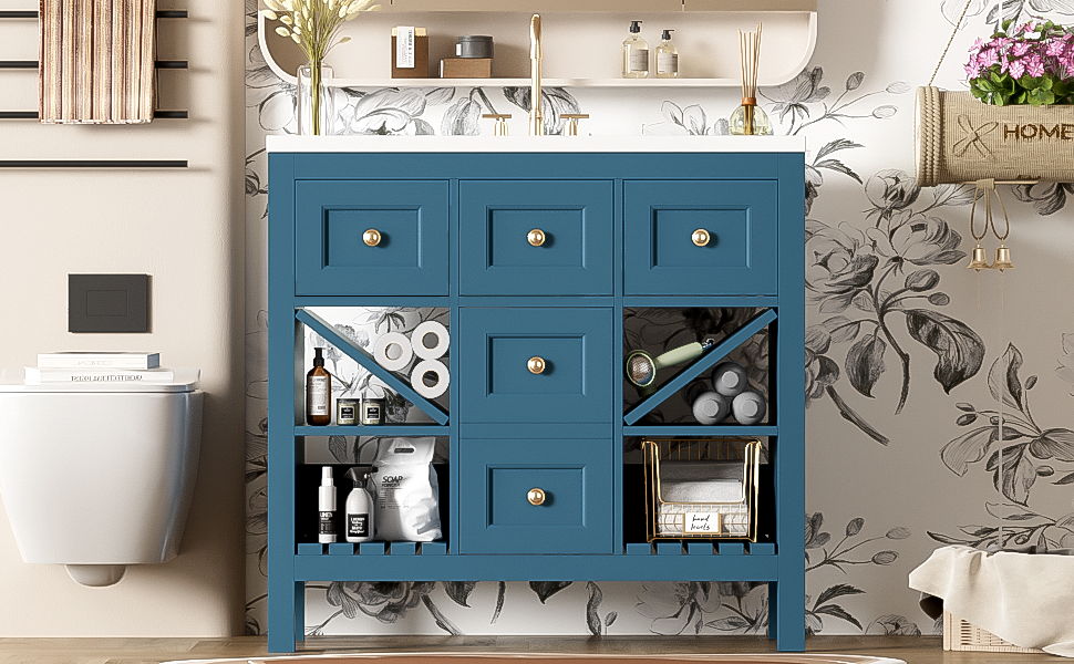 Bathroom Vanity With Resin Sink Combo, Freestanding Vanity Set With 5 Drawers
