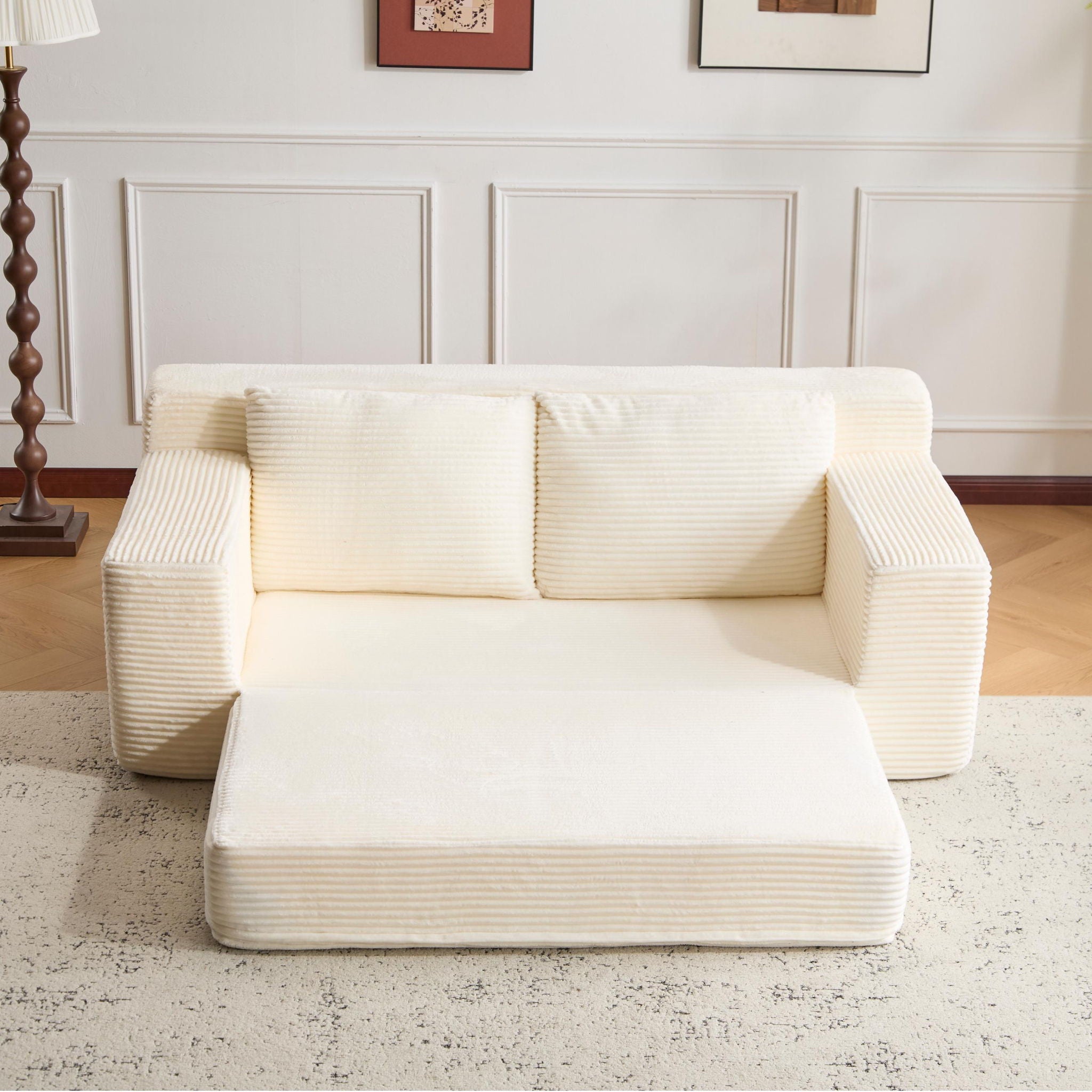 Loveseat Sofa, Comfortable Deep Seat Sofa Bed, Modern Small Corduroy Couch For Living Room Bedroom,Reversible Cushion With Pillows,No Assembly Required,White
