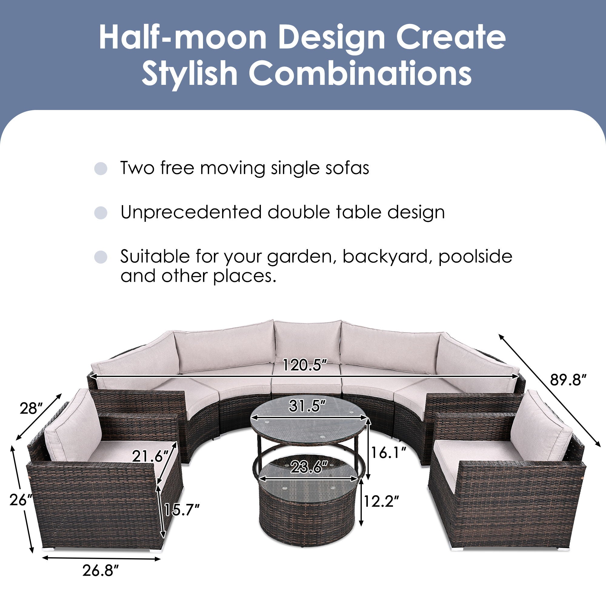 9 Pieces Outdoor Half-Moon Patio Sofa Set, Round Sofa Set, Modern Style Sofa - Brown / Beige