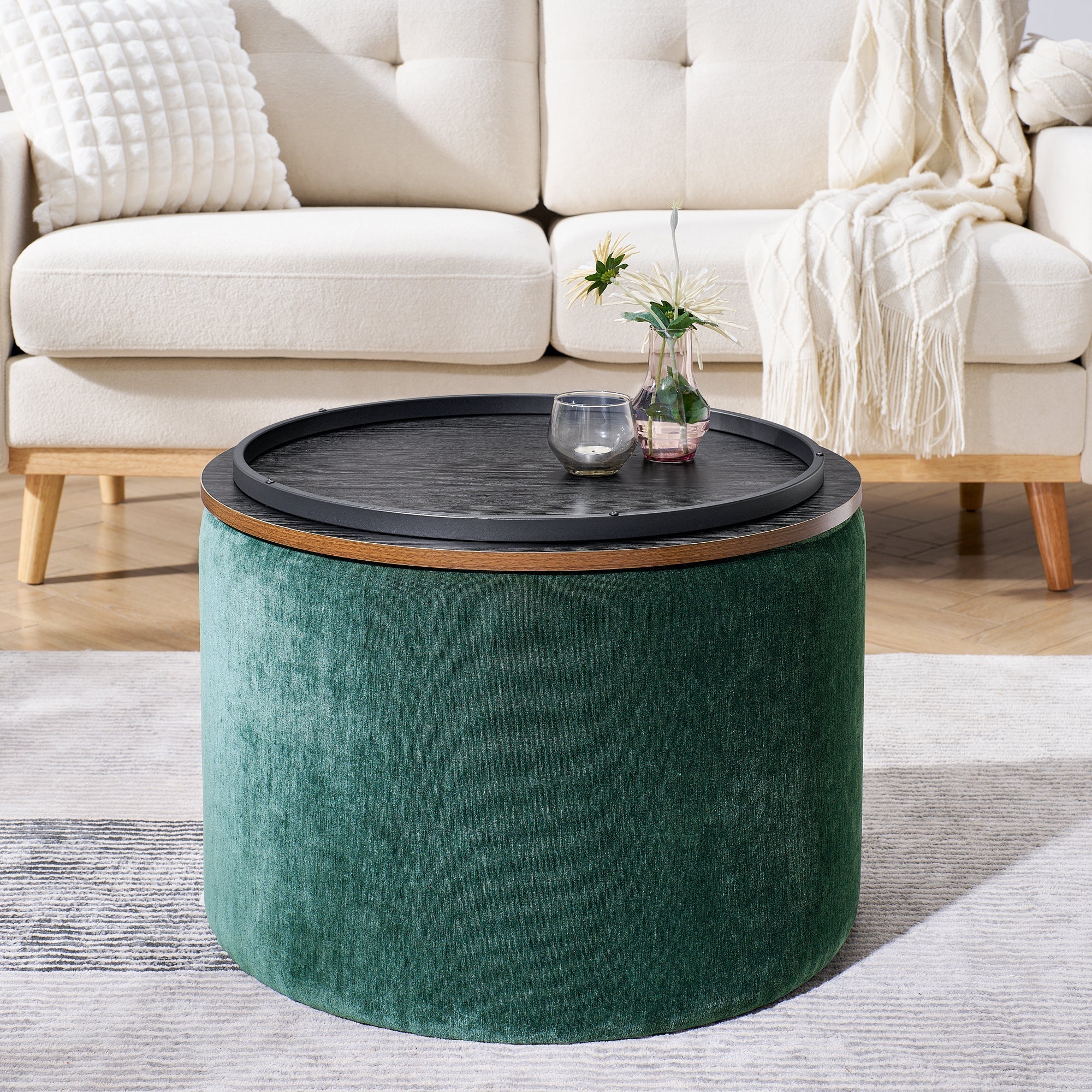 Classic Style 2-Piece Round Chenille Storage Ottoman Set with Drum Shaped Stool