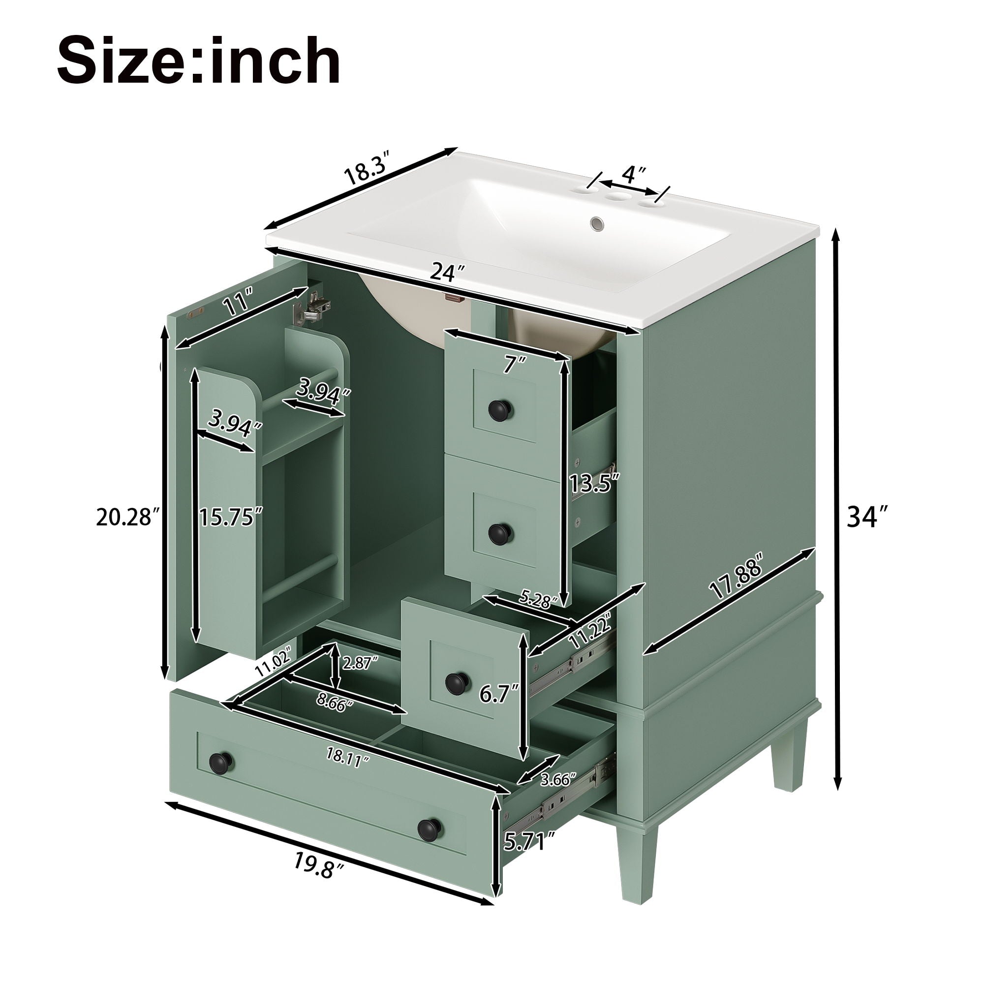 Bathroom Vanity With Integrated Basin, Soft Close Drawers, Door Mounted Double Layer Shelf