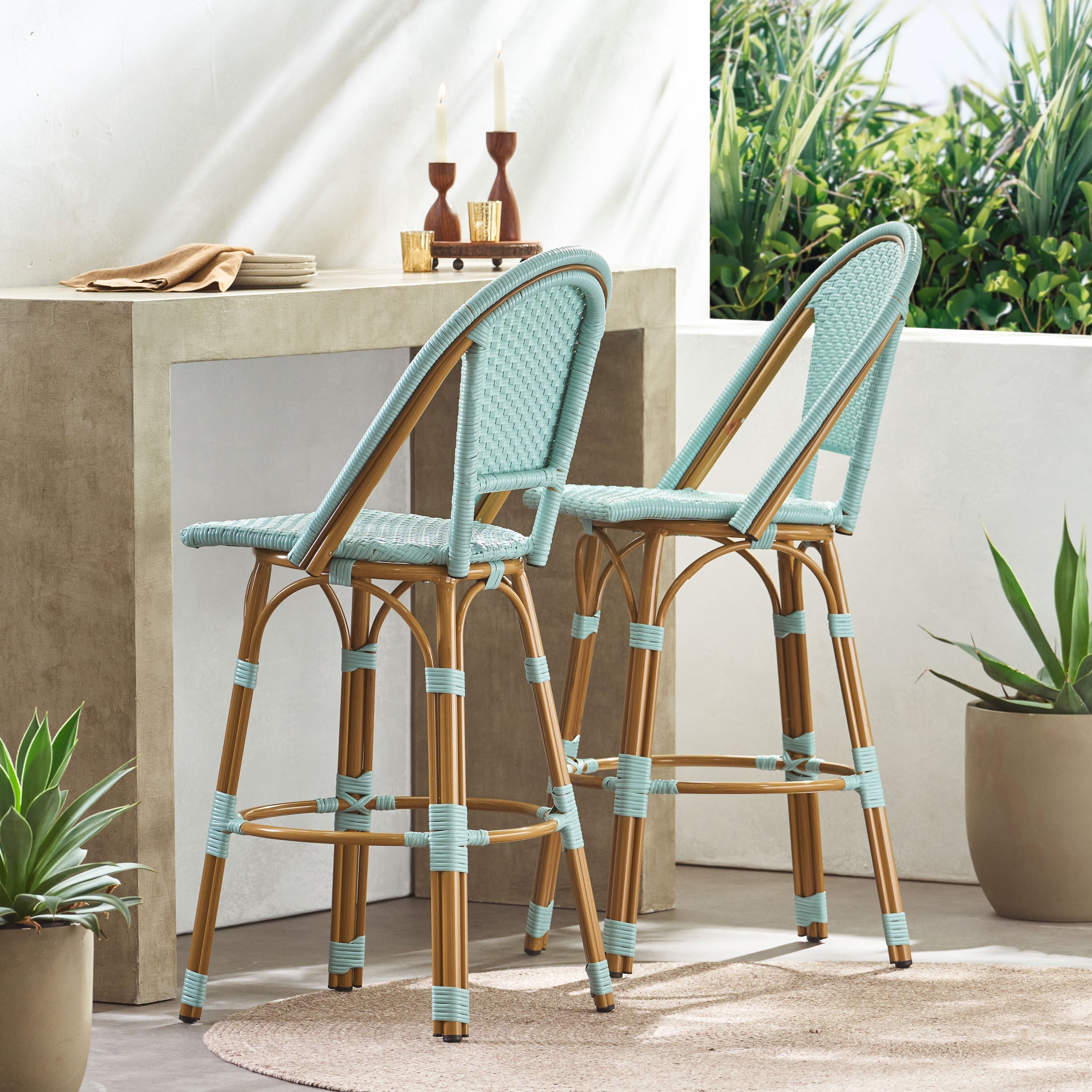 29.5' Outdoor PE Rattan and Aluminum French Barstools, Set of 2