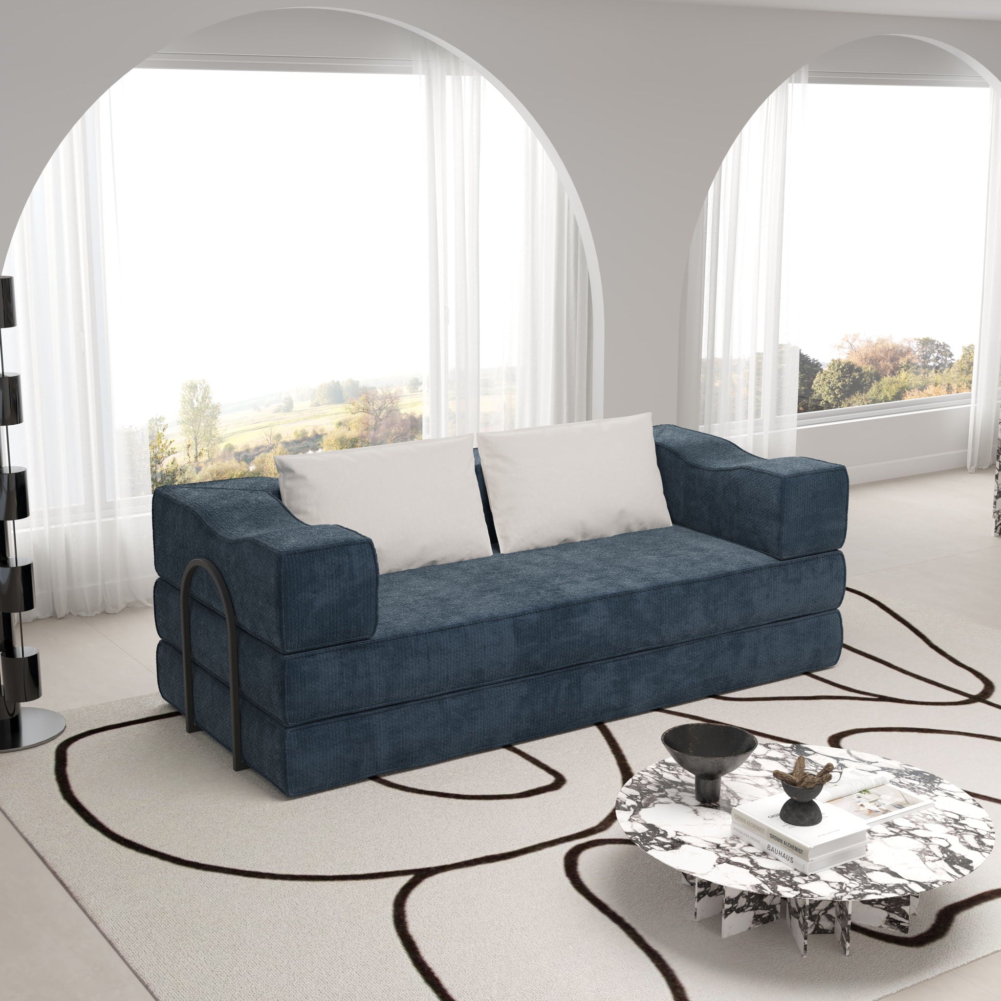 Convertible Couch Bed With 2 Pillows, 3 Seat Folding Floor Couch & King Size Bed Mattress, Diy Combination - Blue