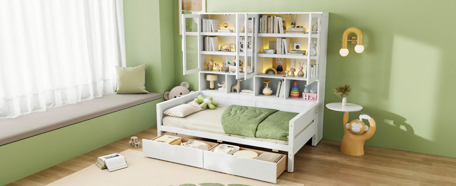Daybed With Glass Door Storage Cabinets, Built In LED Lighting And Shelves