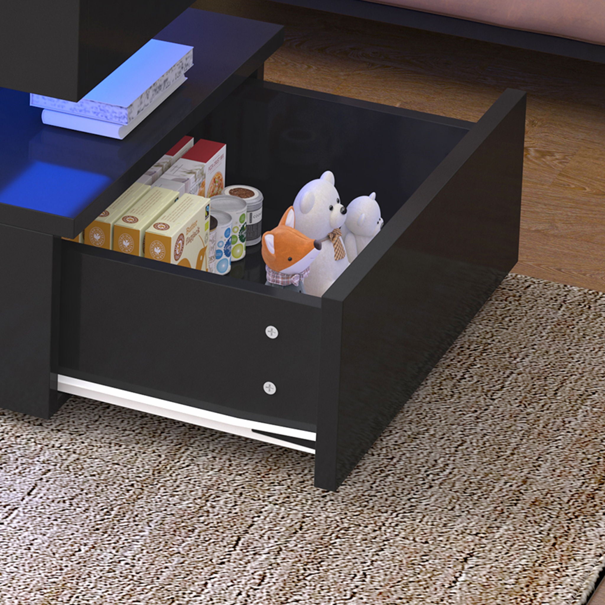Contemporary Foldable Coffee Table With Drawers And LED, 3 Tier Design