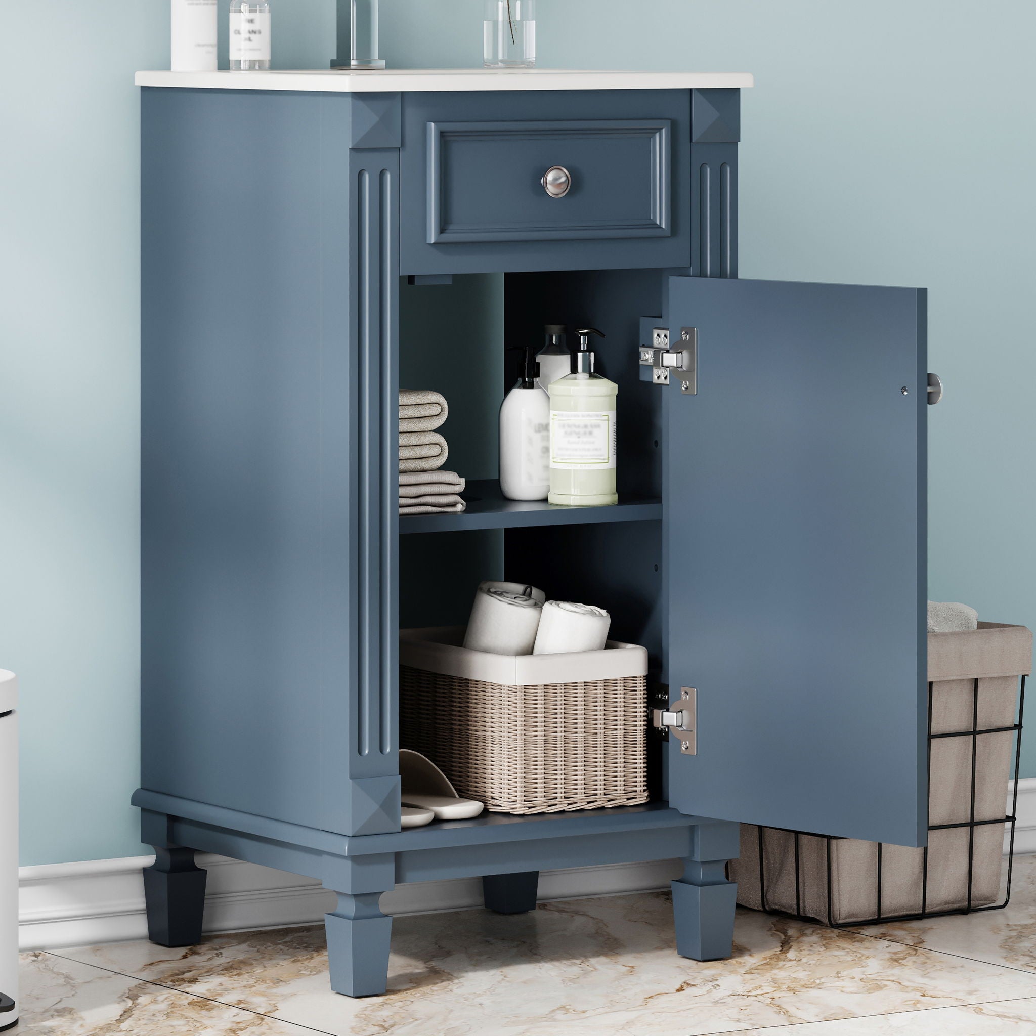 Bathroom Vanity With Sink, Freestanding Single Vanity Set, Soft-Closing Door, Adjustable Shelf - Blue