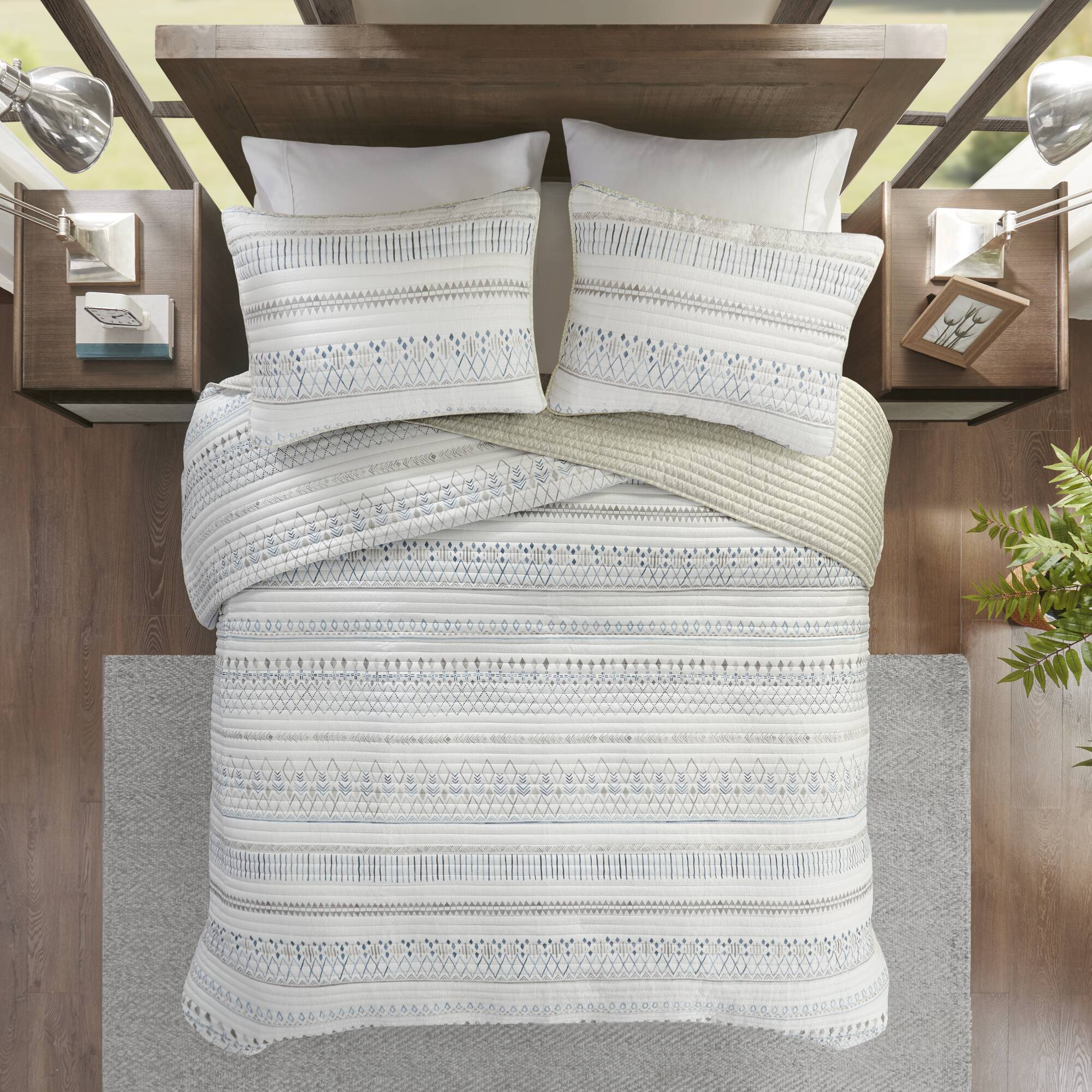 3 Piece Printed Microfiber Seersucker Quilt Set Taupe/Blue Full/Queen