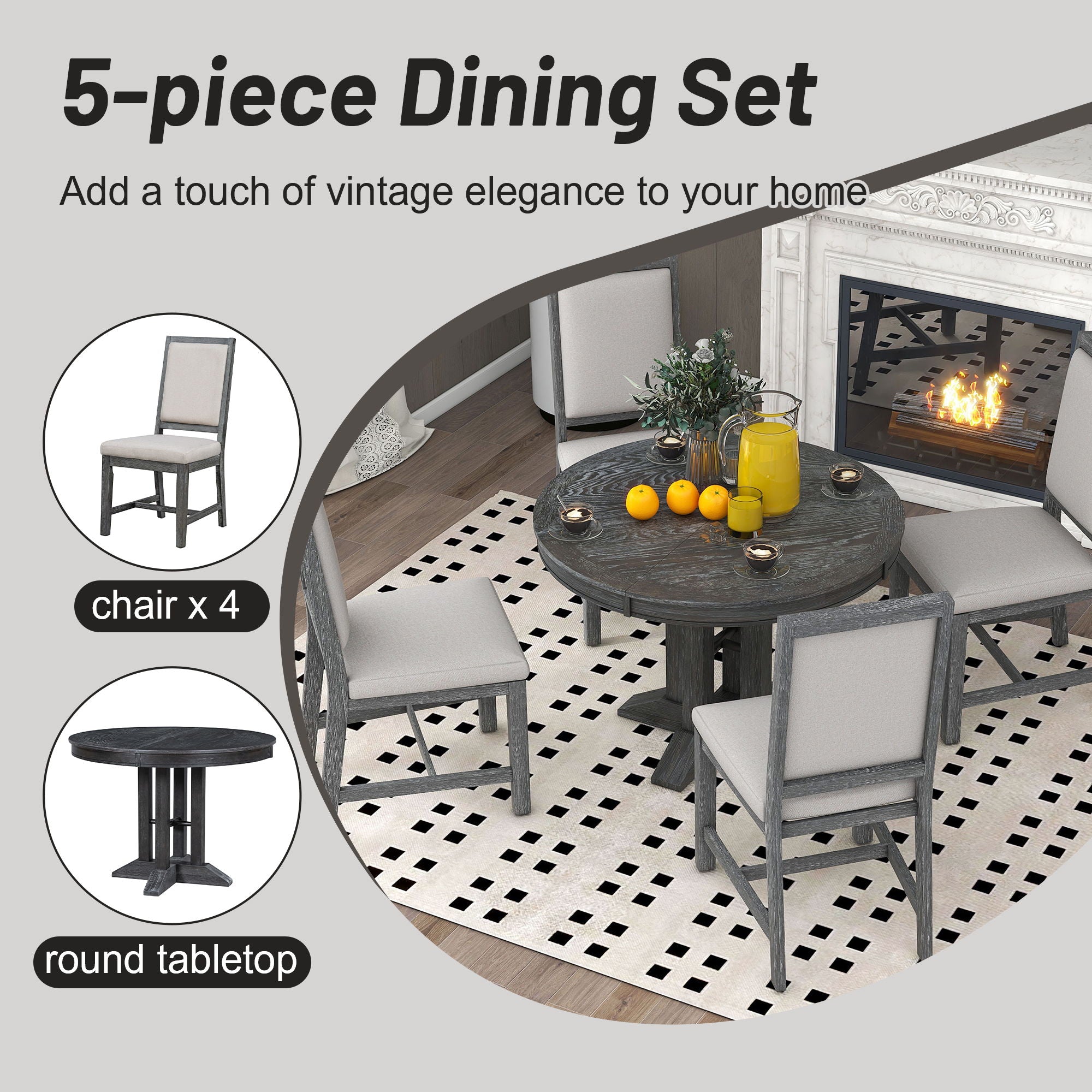 5 Piece Dining Set With Extendable Round Table And Upholstered Chairs