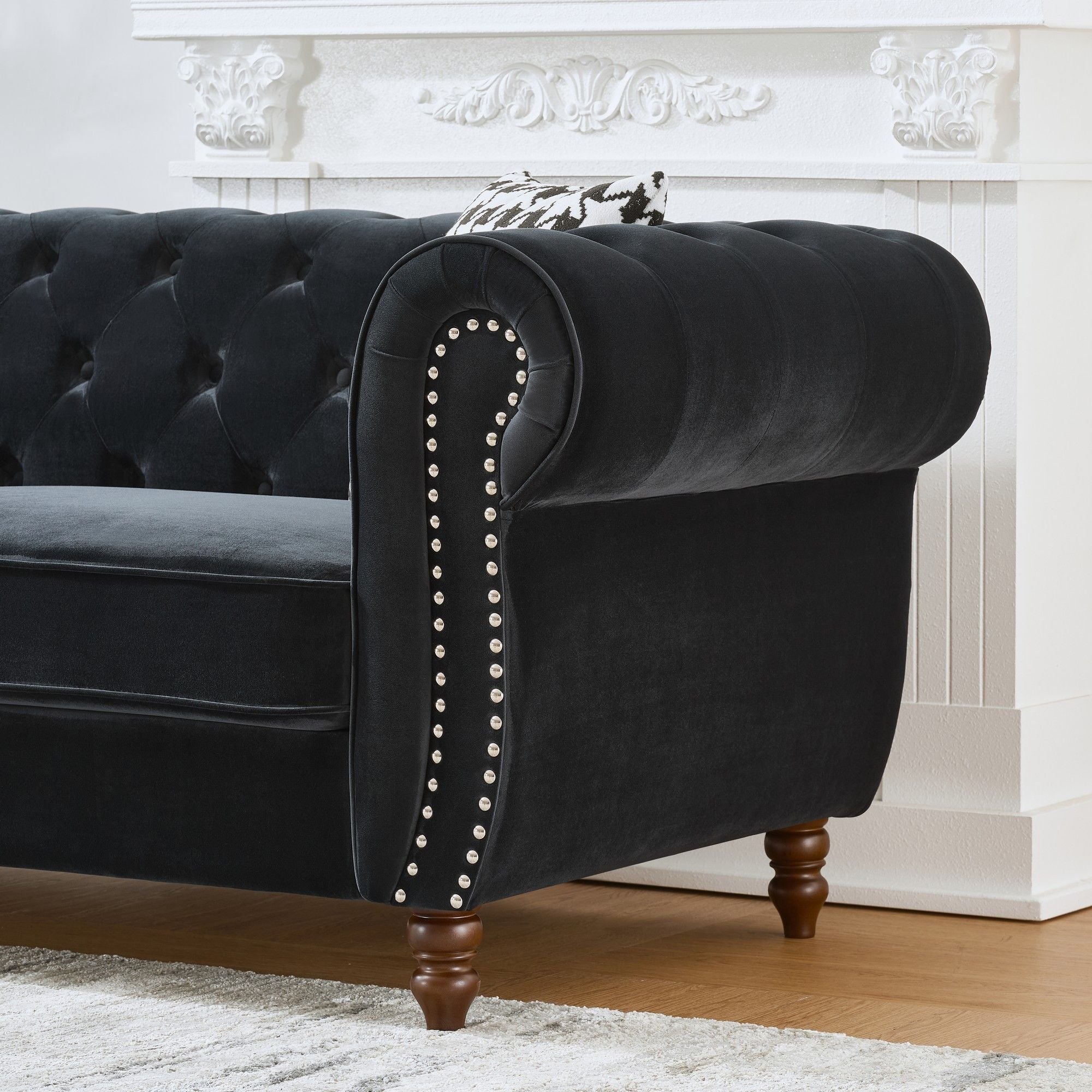 Chesterfield Velvet Upholstery Fabric Sofa With Roll Armrest & Nailhead, Mid Century Modern 3 And 3 Seater Couch
