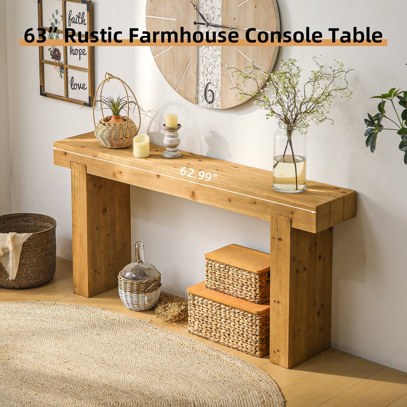 63" Solid Wood Console Table – Rustic Farmhouse Sofa Table