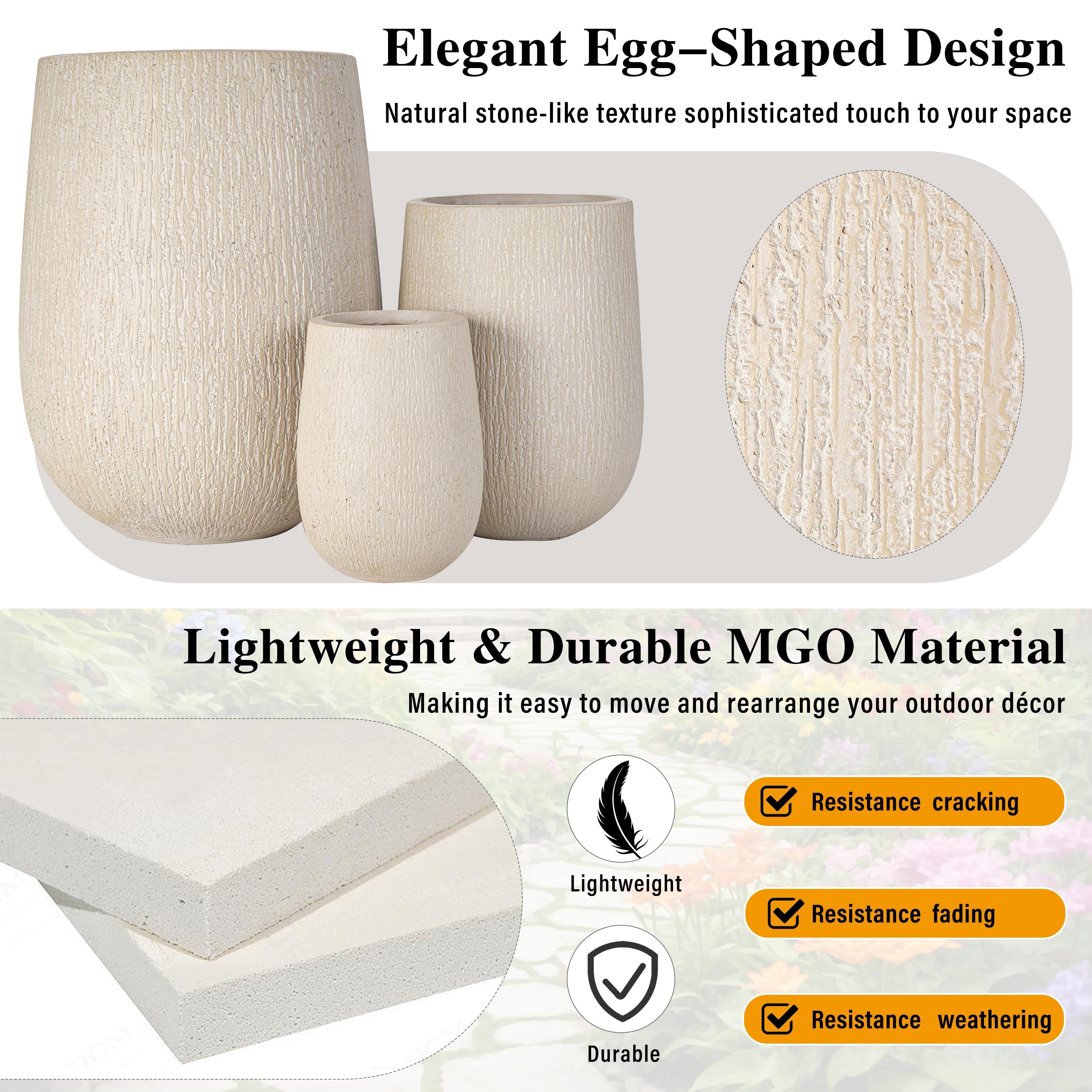 U_Style Egg-Shaped Lightweight MGO Outdoor Planter Set of 3