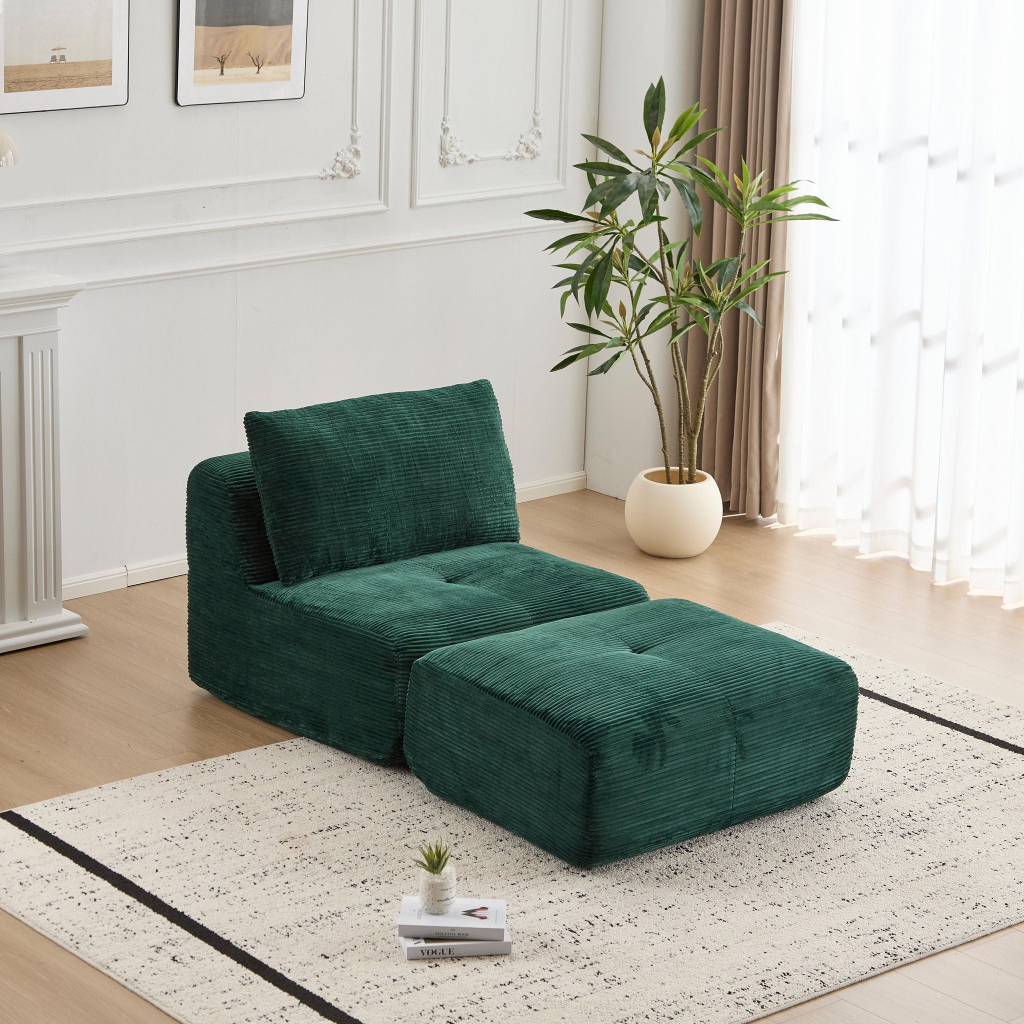Compressed Sofa, Single Chaise Longue, Movable Ottoman For Living Room - Green