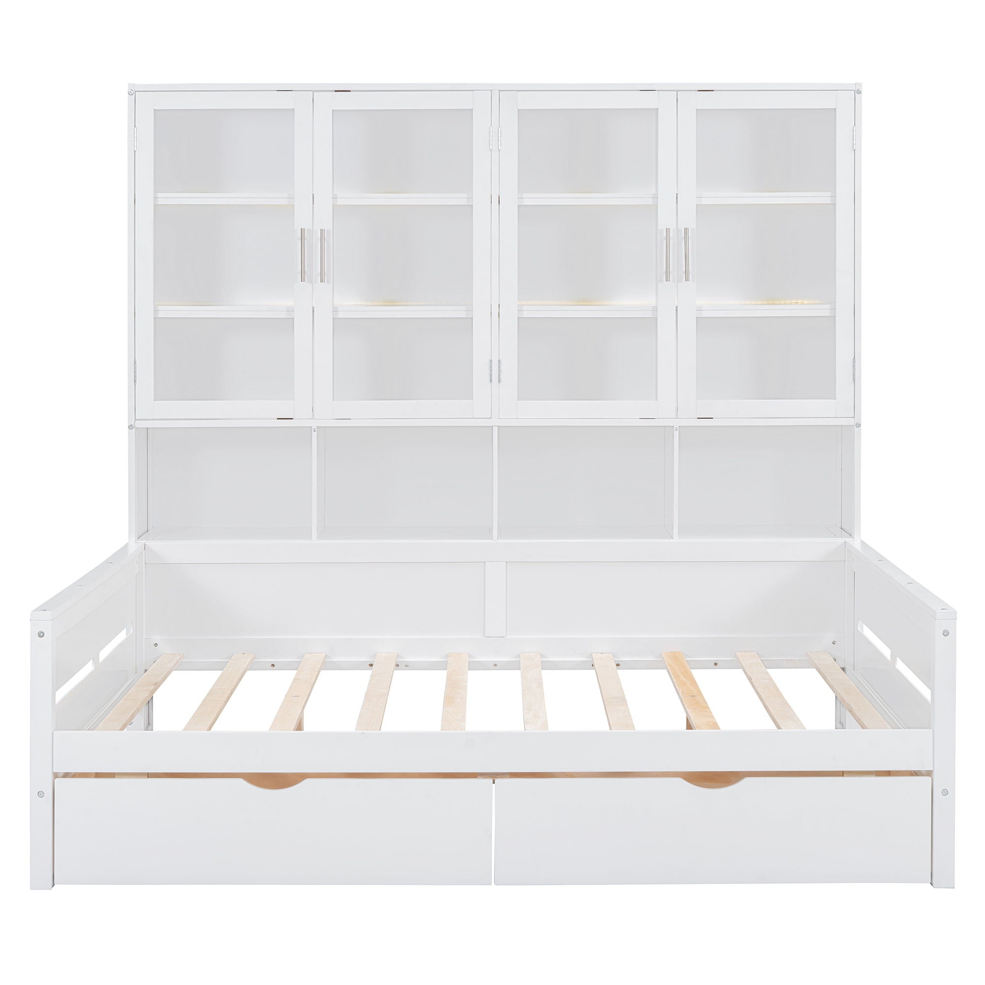 Daybed With Glass Door Storage Cabinets, Built In LED Lighting And Shelves