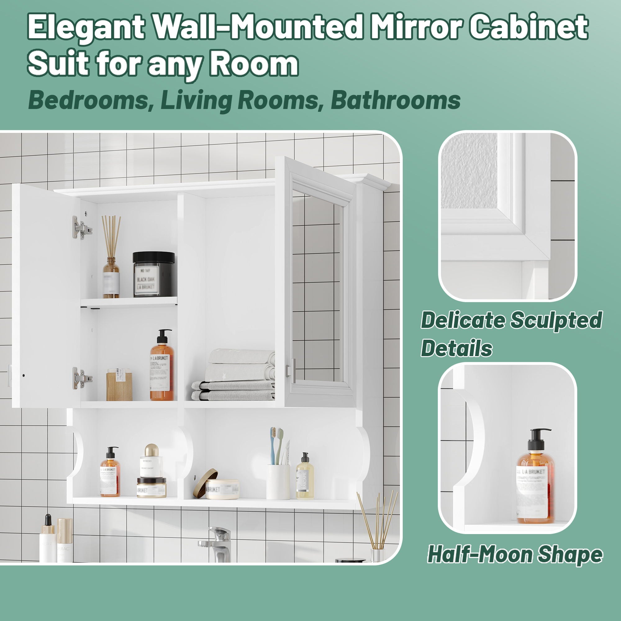 Wall Mounted Mirror Medicine Cabinet, Bathroom Storage With Doors And Open Shelves