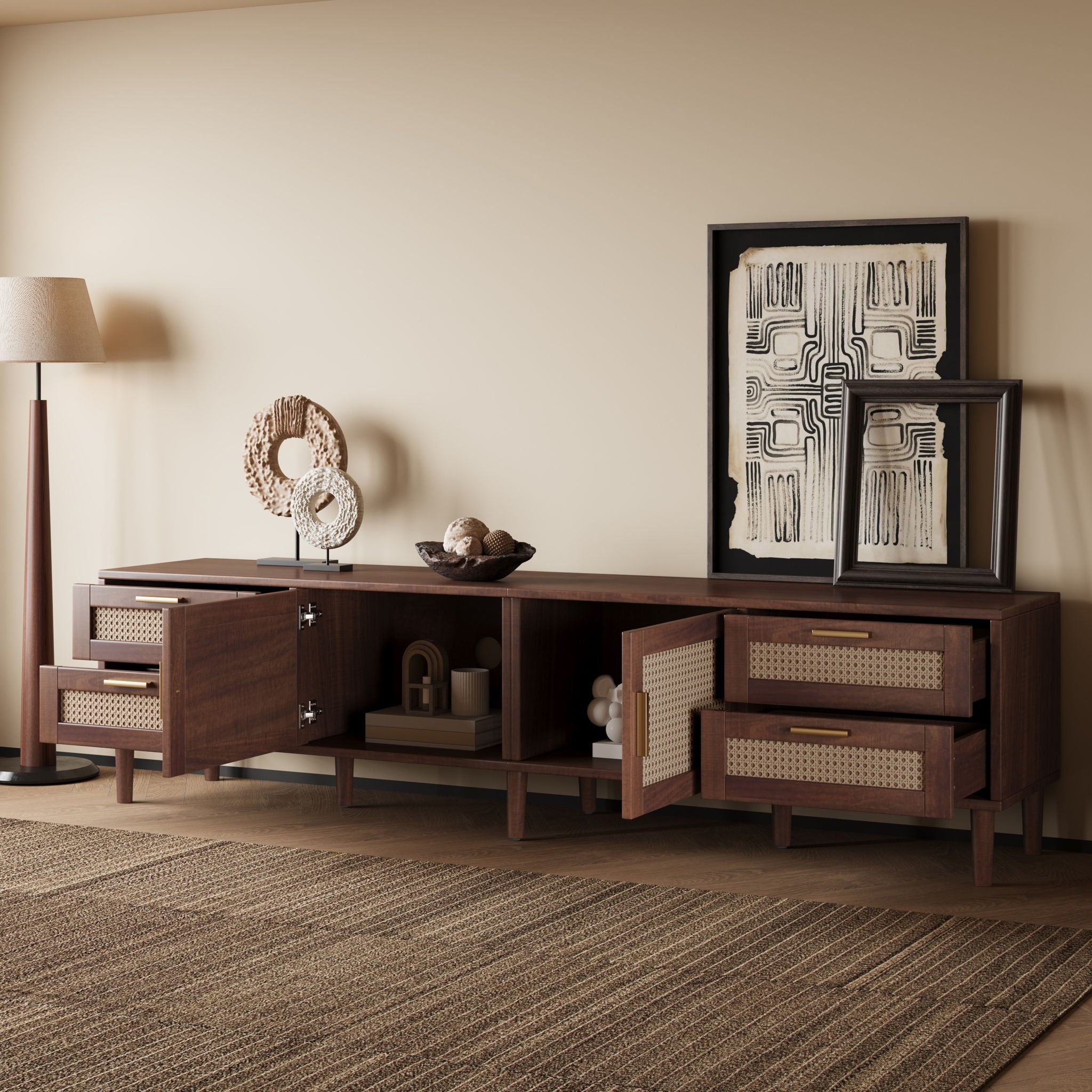 TV Stand, Media Console With 4 Drawers, Soft Closing Hinges - Dark Brown