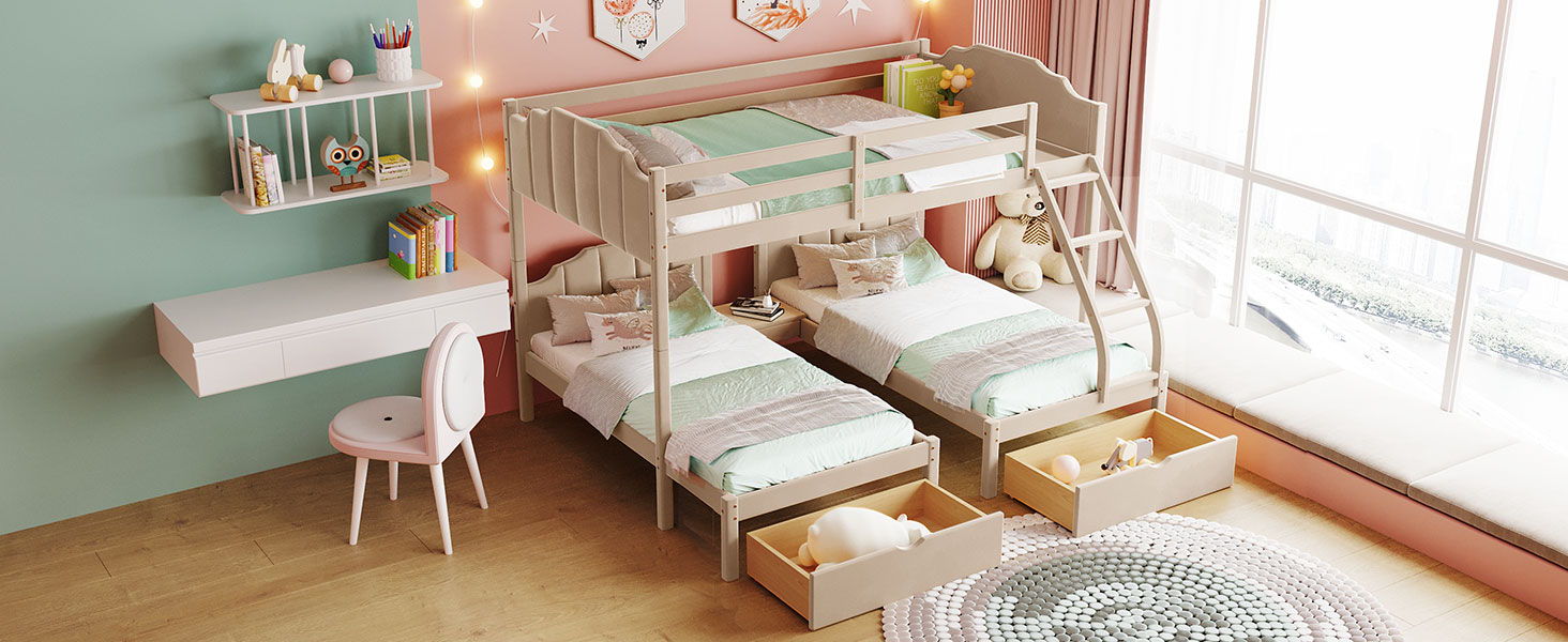 Bunk Bed, Triple Bed With Drawers And Guardrails