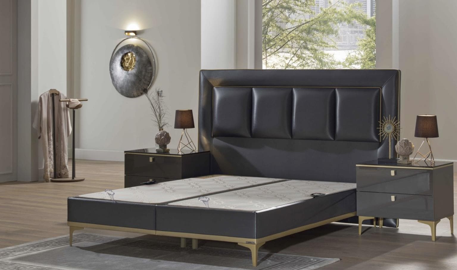 Carlino Bedroom Set in a rich blend of Prada Gray and Carlino Gray with marble and gold contrast.