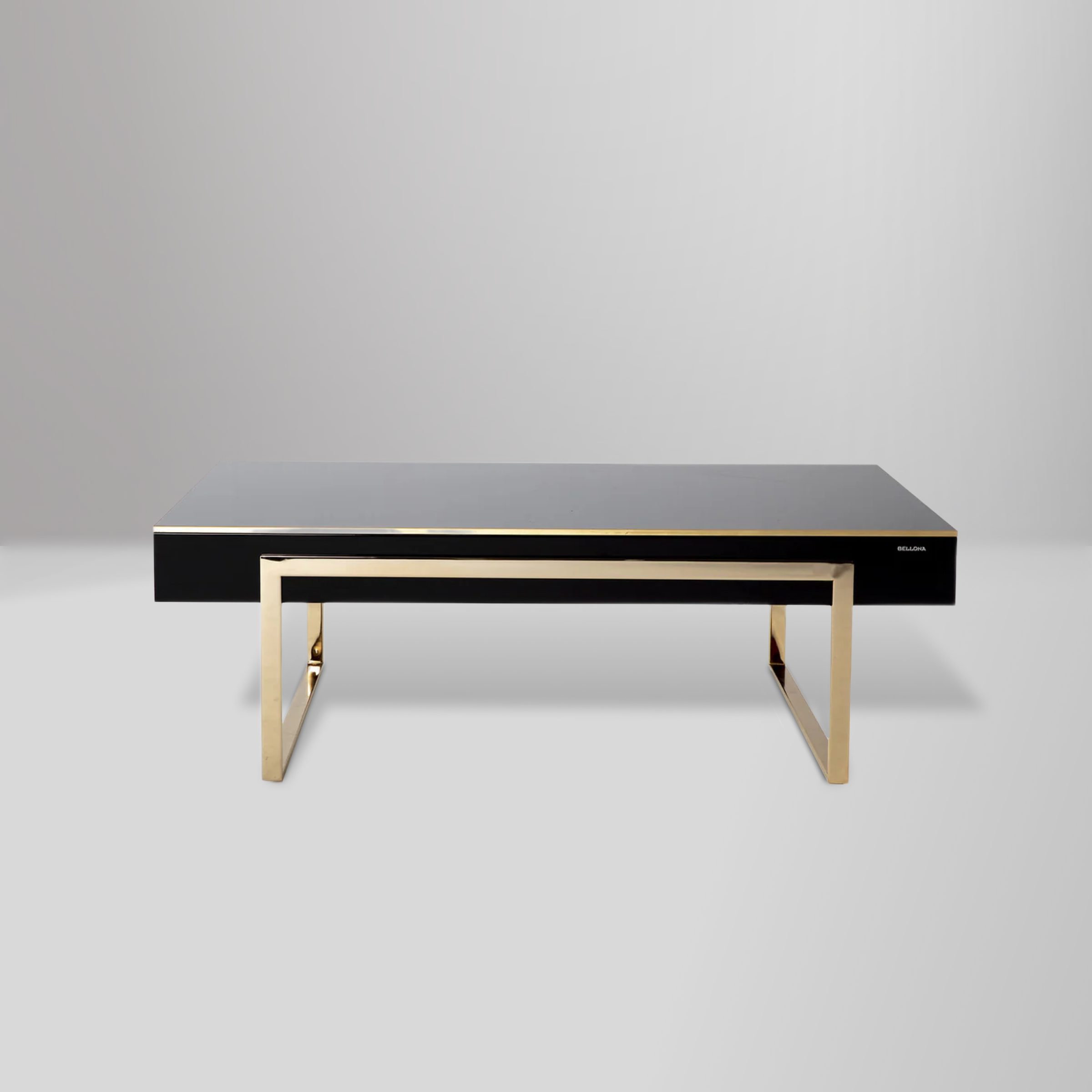 Carlino Chrome coffee table in high gloss black with golden metal legs, a modern focal point for stylish interiors.