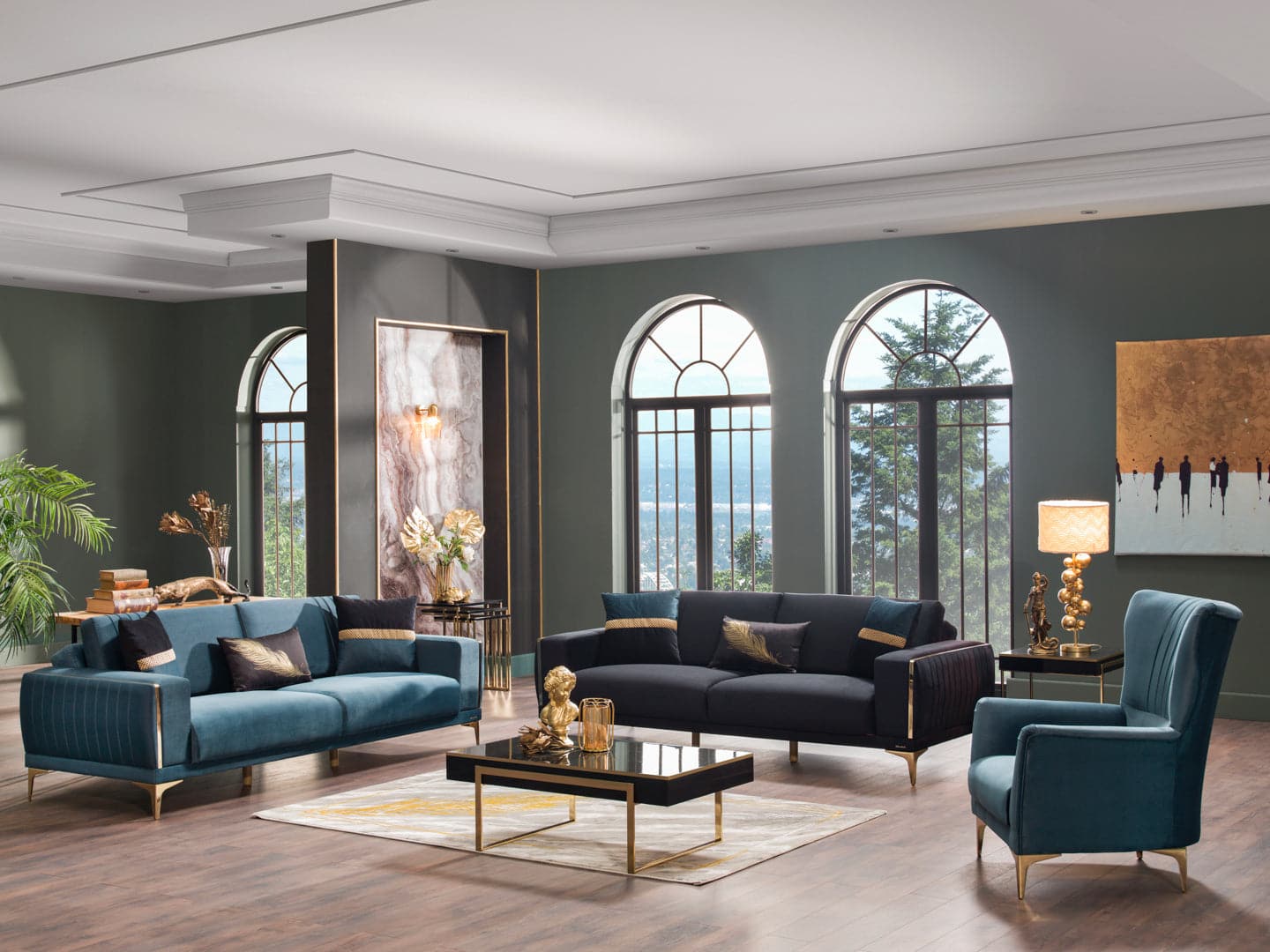 Sleek sofa with modern lines and plush velvet for a sophisticated look.