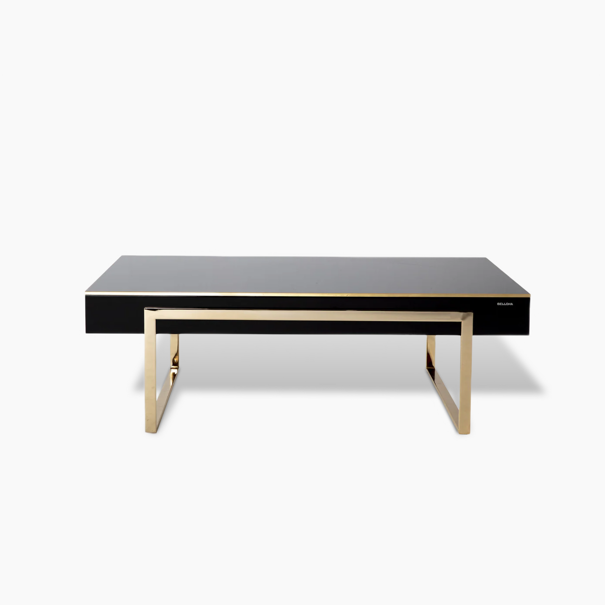 Sleek black glossy Carlino coffee table with gold metal legs, perfect for enhancing modern living spaces.
