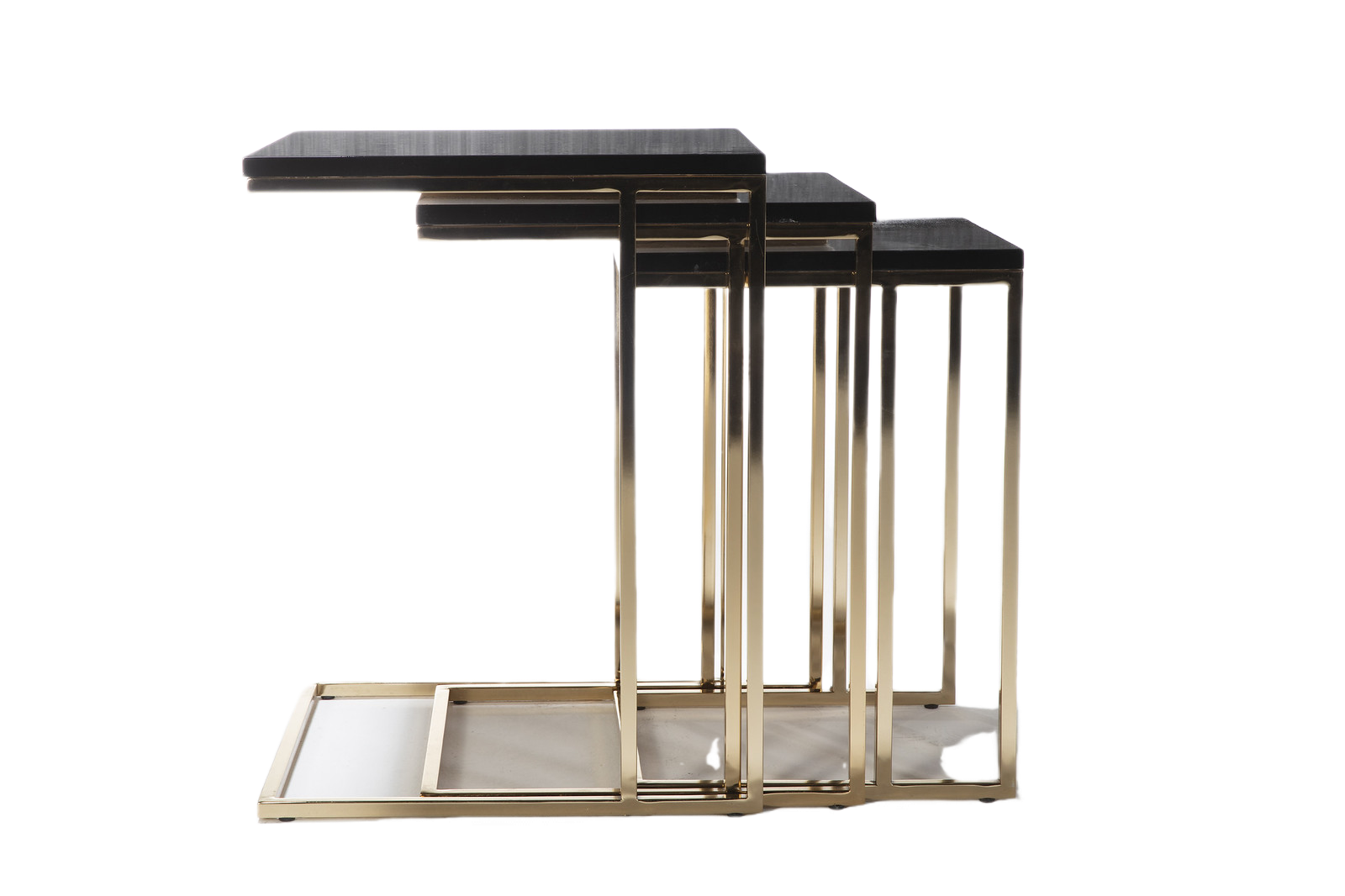 Contemporary nesting table with a high-gloss black top and gold metal legs for a sophisticated look.