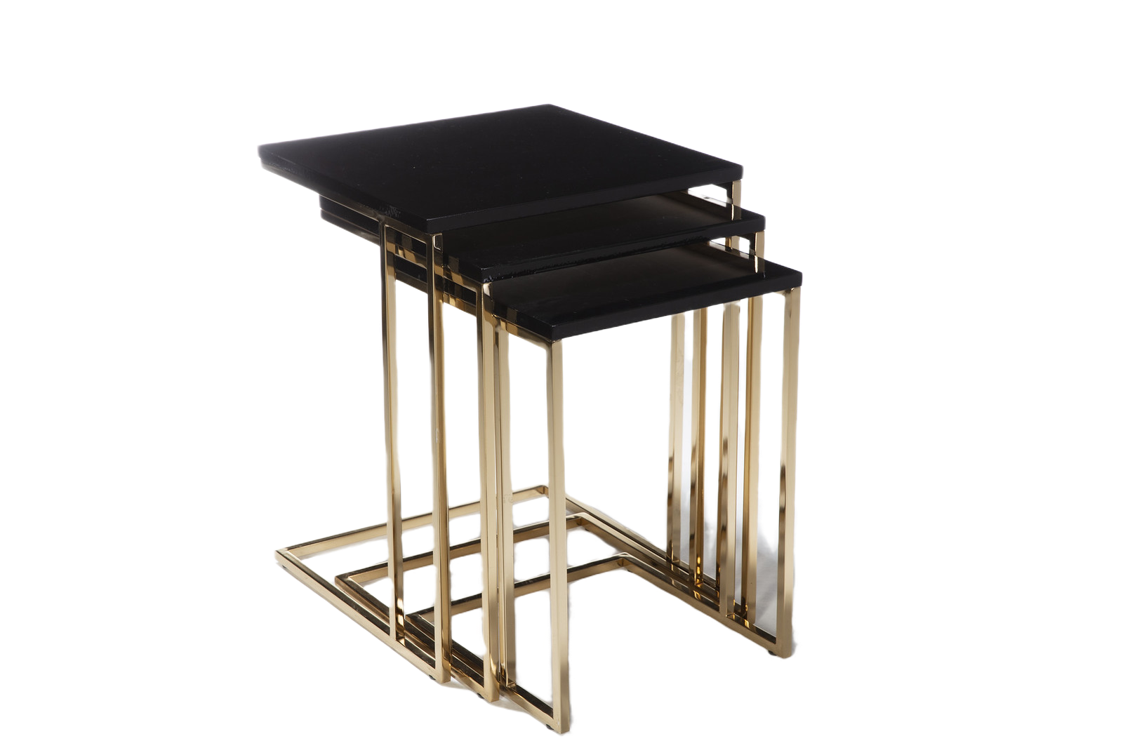 Luxurious nesting table with a black glossy top and elegant gold metal legs, enhancing your living space.
