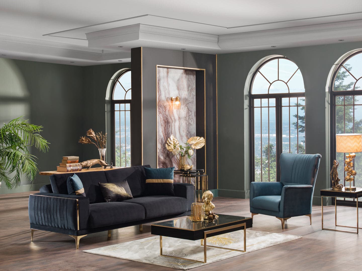 Modern sofa with velvet upholstery and striking gold trim for a bold statement.