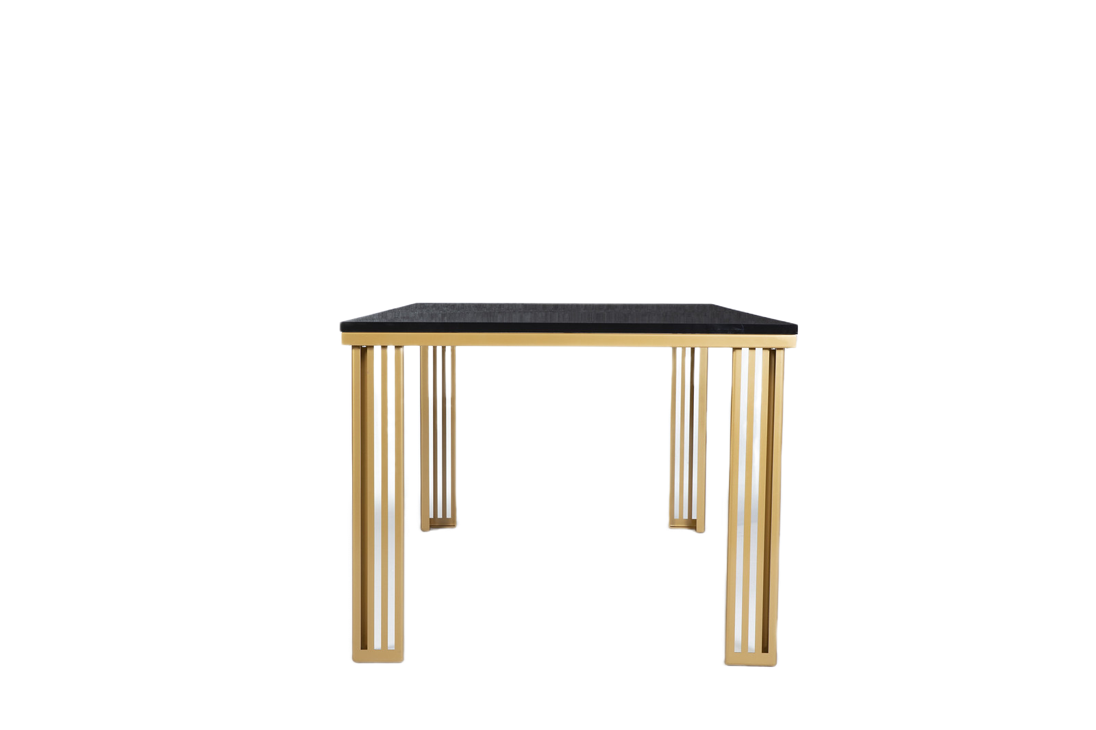 The Carlino Table as a centerpiece in a stylish dining room, featuring a marble tempered finish and gold accents.