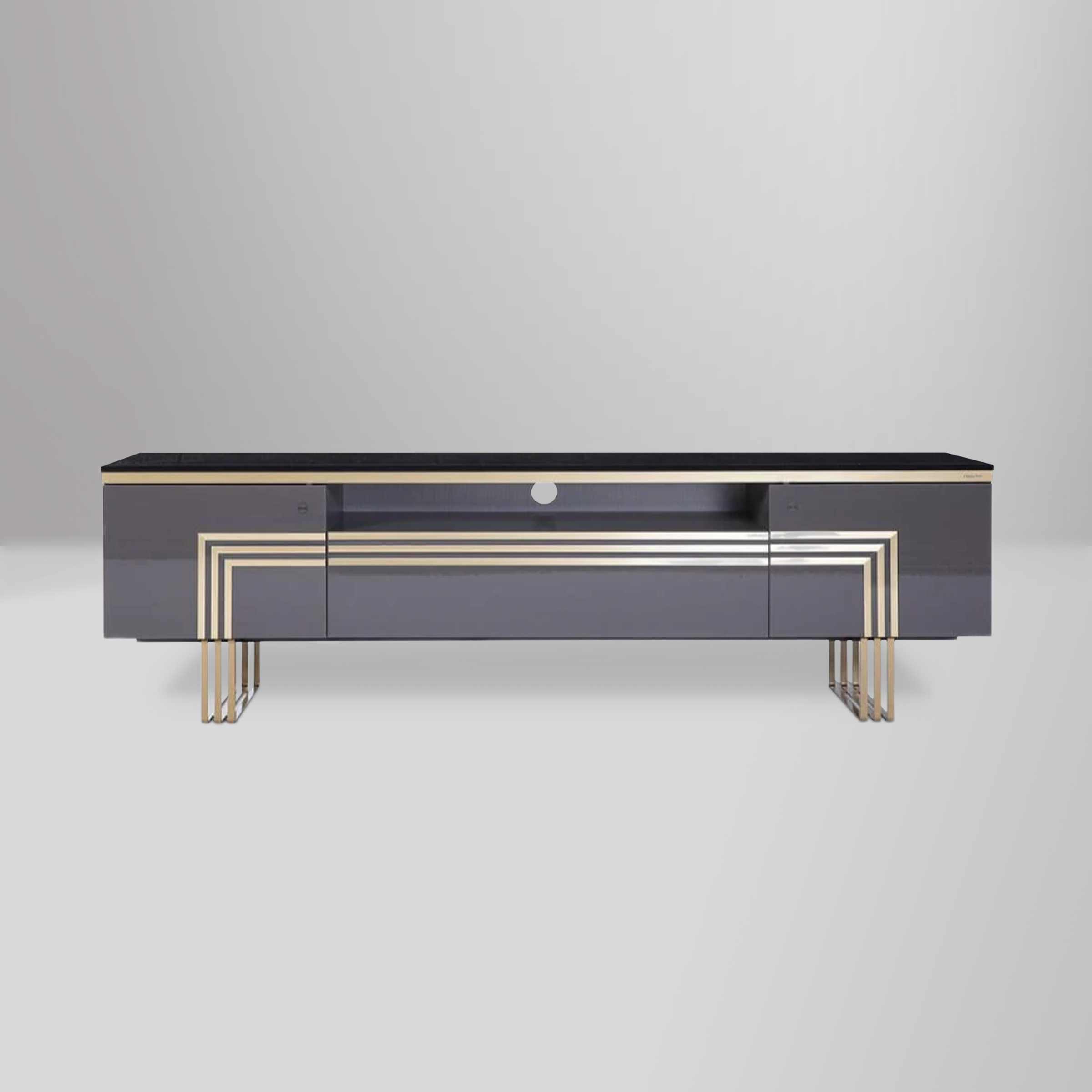Carlino TV Stand with polished surfaces, gold trim accents, and ample storage for a chic modern living room.