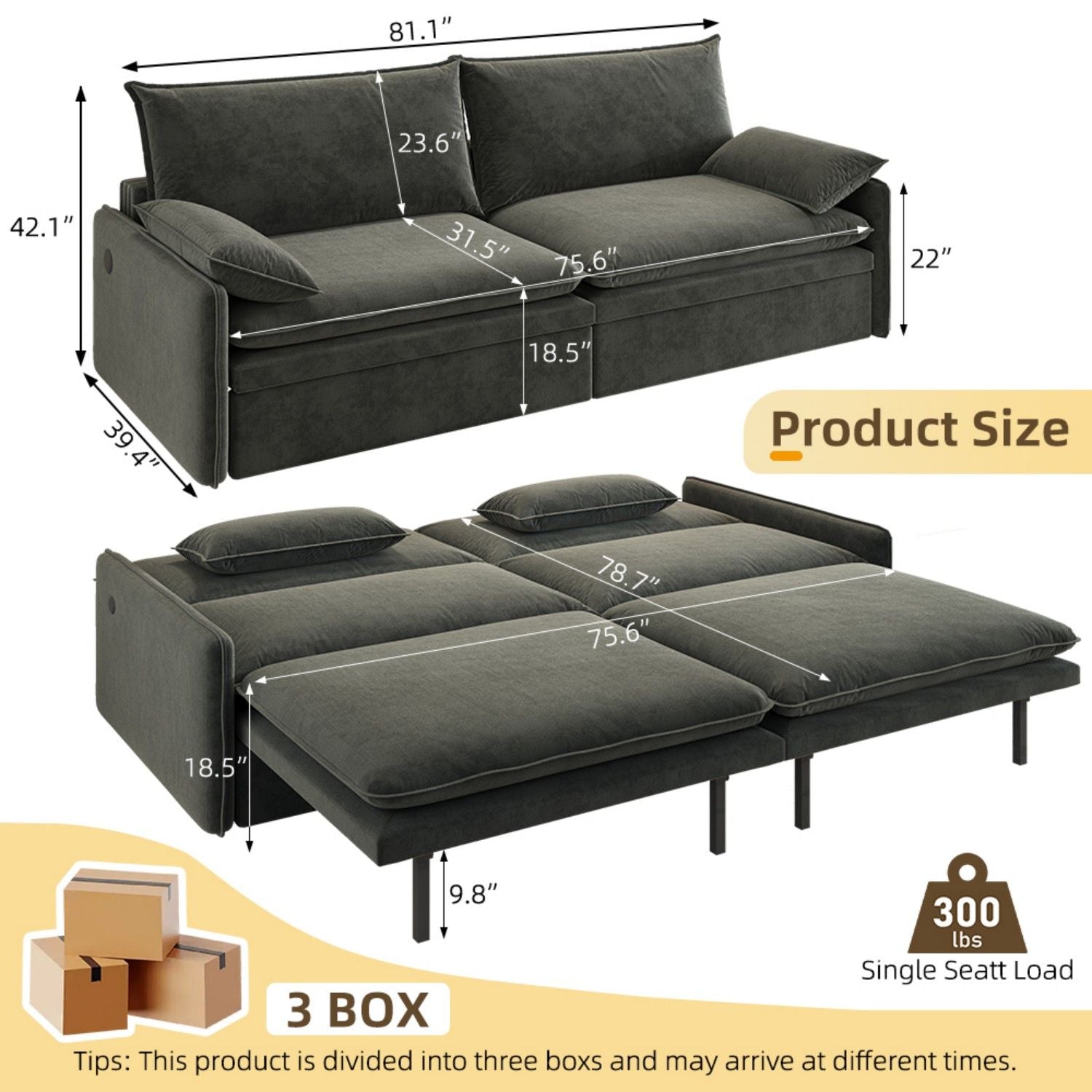 4 Seat Convertible Sleeper Sofa Bed, Modern With Storage