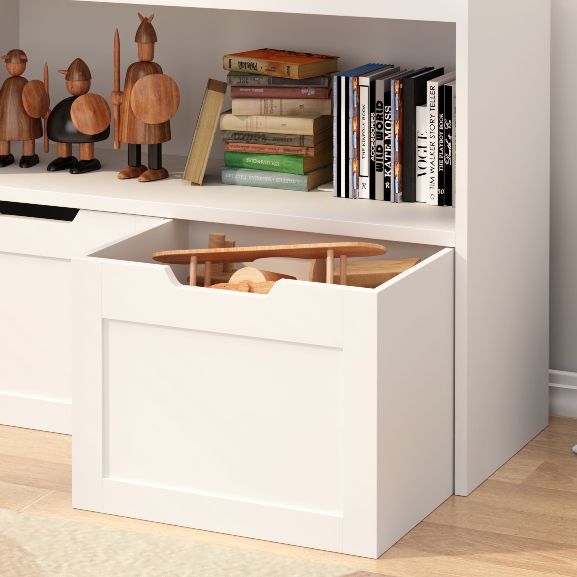 Book Organizer With Large Drawers And Open Shelves, Toy Storage Cabinet With Removable Wheels And Rounded Edges - White