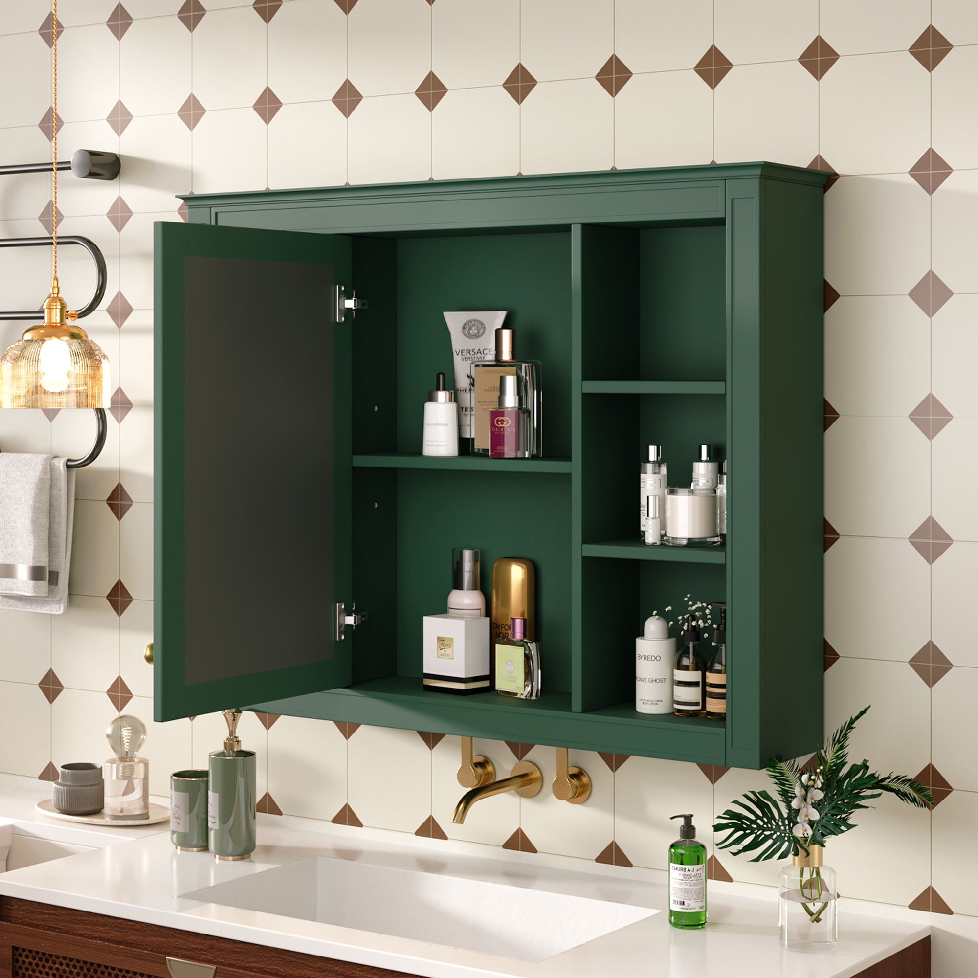 Wall Mounted Medicine Cabinet With Mirror, Storage Cabinet Featuring 6 Open Shelves And Adjustable Interior
