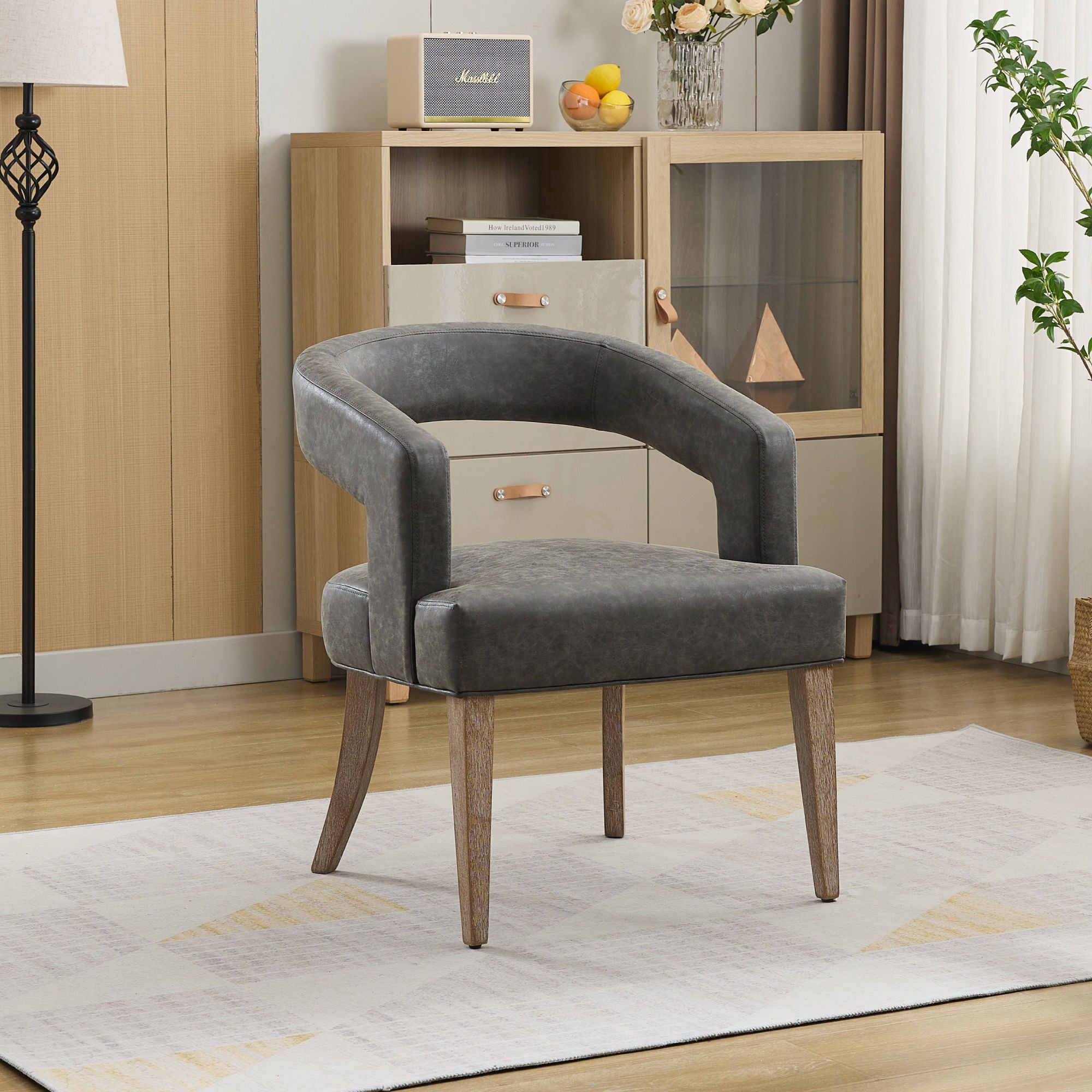 Wide Modern Barrel Open Back Upholstered Accent Chair With Weathered Solid Wood Legs