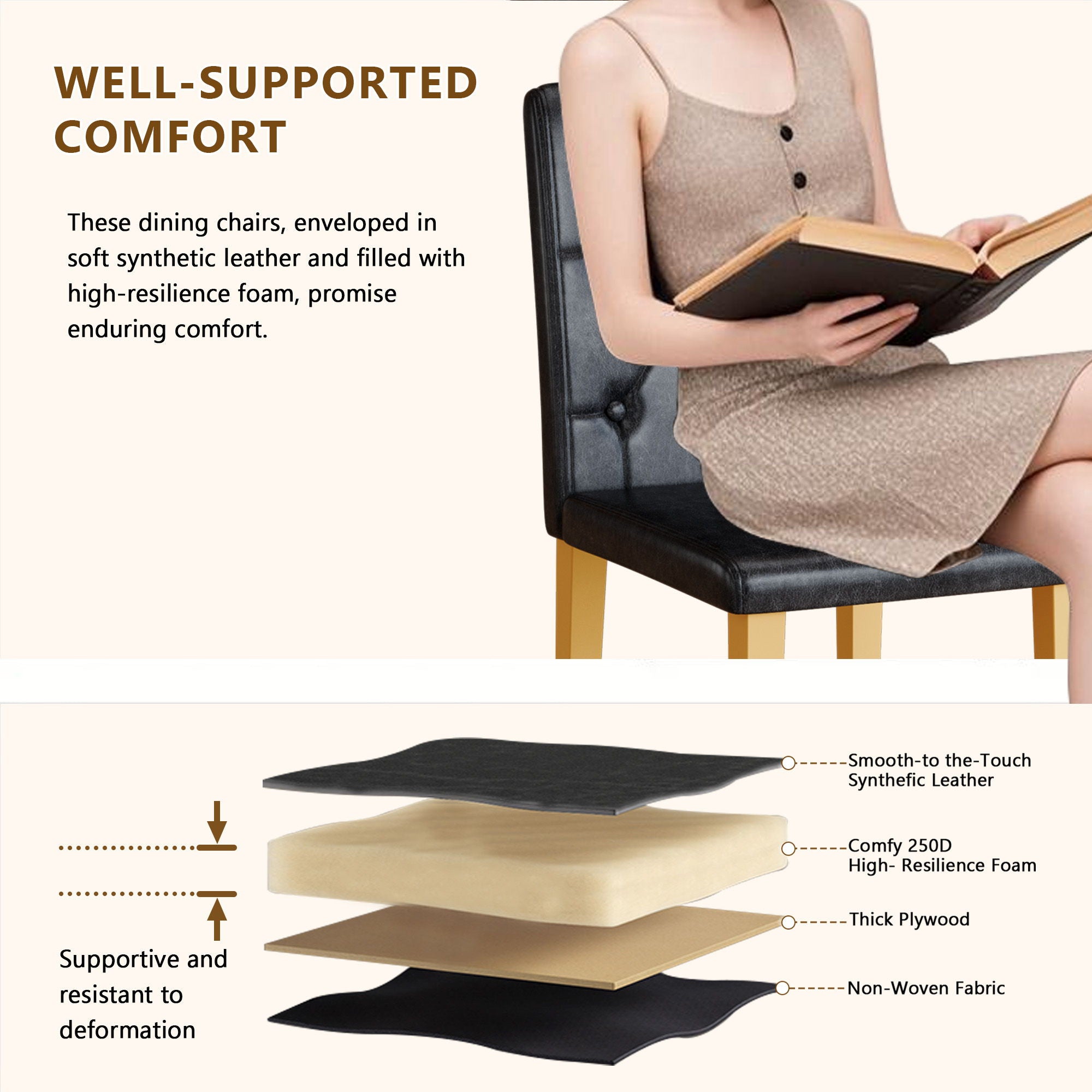 Dining Chairs With Ergonomic Buckle Backrest, Comfortable & Textured For Home (Set of 4) - Black / Gold