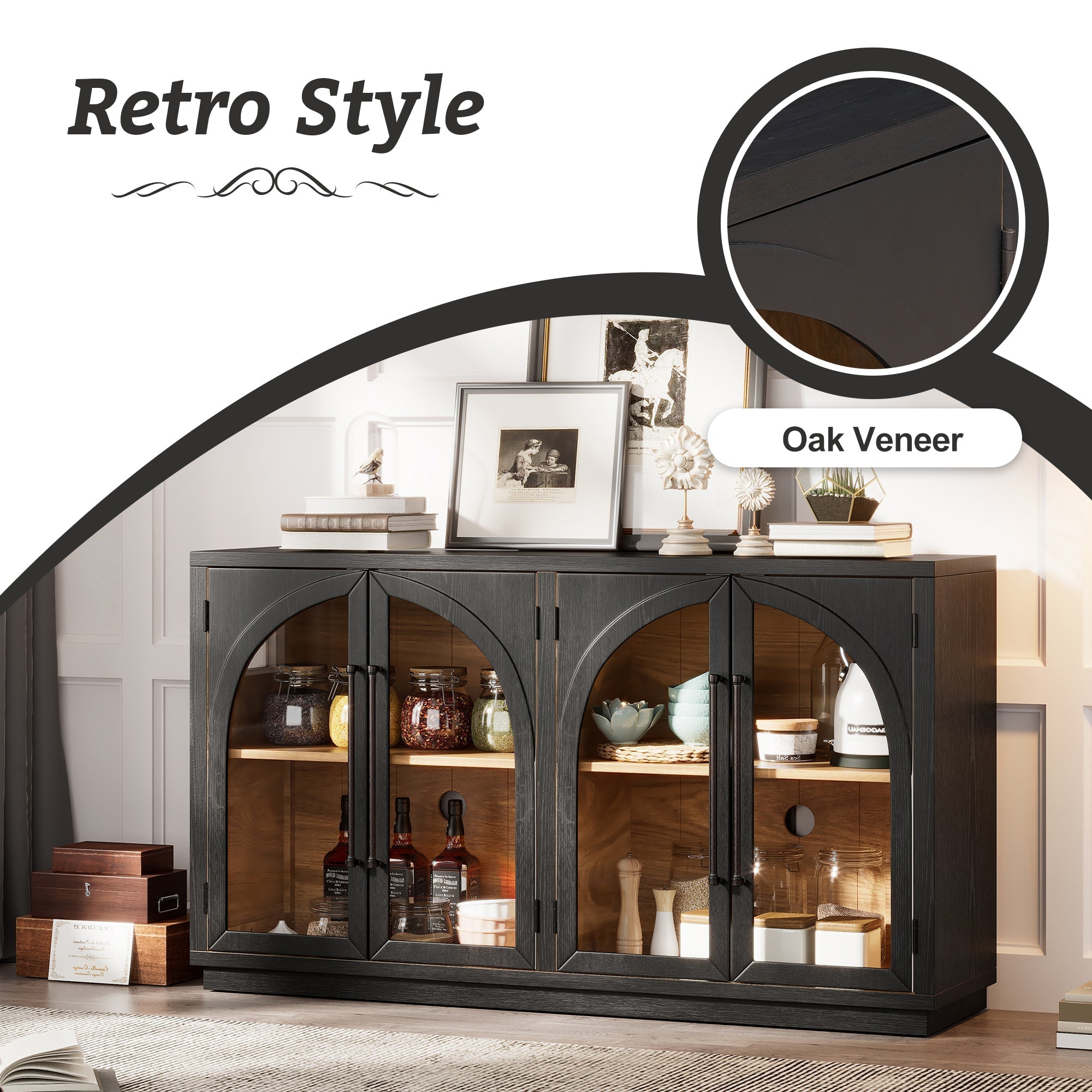4-Door Large Storage Sideboard Buffet Cabinet with Glass Doors Arched Cabinet (Black)