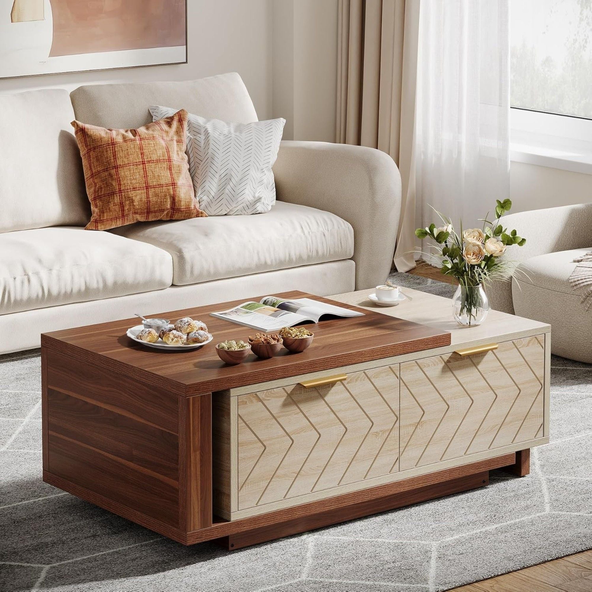 Extendable Coffee Table With 2 Storage Drawers, Dual Tone With Sliding Top, Hidden Storage - Walnut