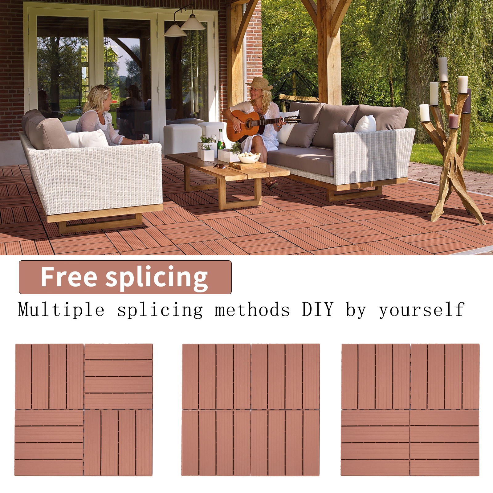 Plastic Interlocking Deck Tiles, Patio Flooring Outdoor Waterproof All Weather Use For Garden Poolside Front / Back Yard (Set of 44) - Mahogany