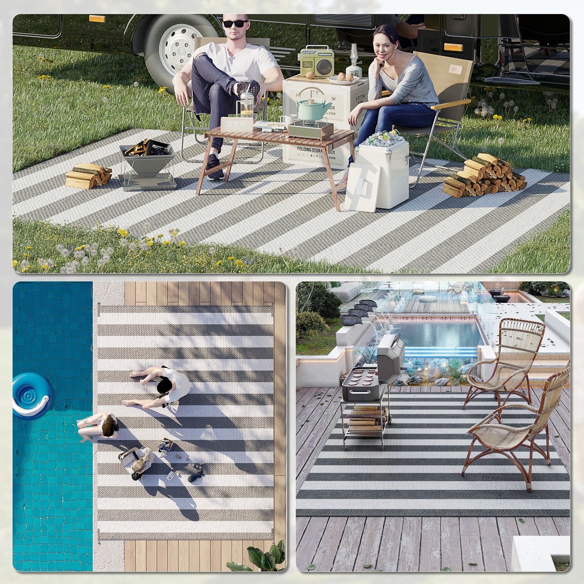 Outsunny - Reversible Outdoor Rug, 9' x 12' Waterproof Plastic Straw Floor Mat, Portable Rv Camping Carpet With Carry Bag, Large Floor Mat For Backyard, Deck, Picnic, Beach - Gray & White Striped - Best Buy Furniture