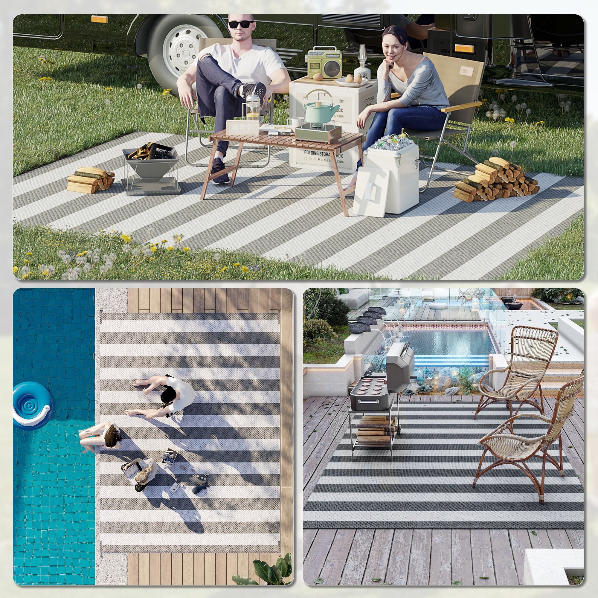 Outsunny - Reversible Outdoor Rug, 9' x 12' Waterproof Plastic Straw Floor Mat, Portable Rv Camping Carpet With Carry Bag, Large Floor Mat For Backyard, Deck, Picnic, Beach - Gray & White Striped - Best Buy Furniture