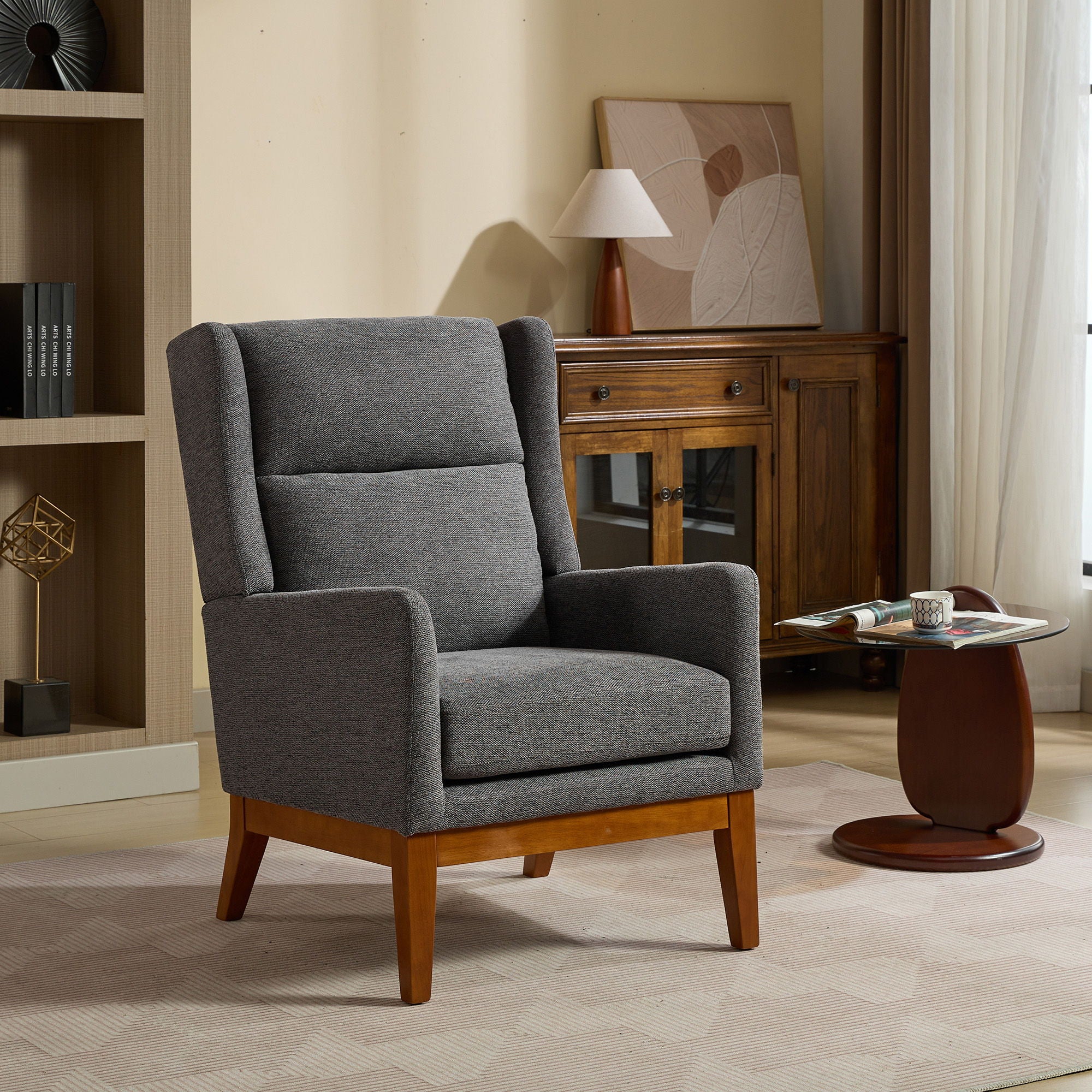 Wide Modern Accent Chair With Wood Legs For Living Room