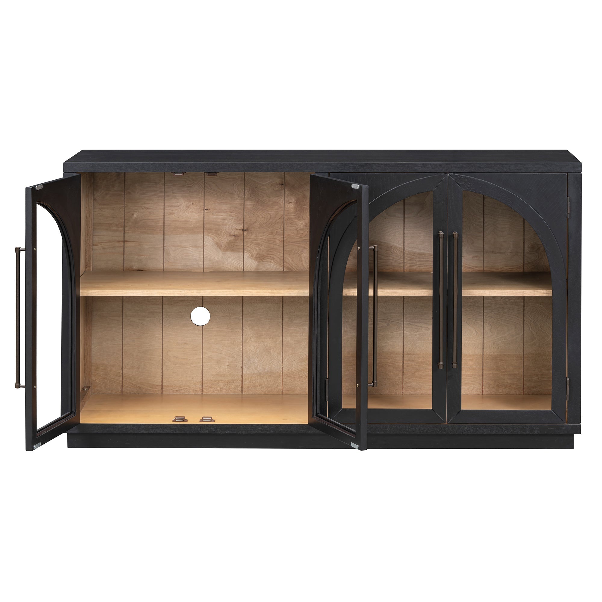 4-Door Large Storage Sideboard Buffet Cabinet with Glass Doors Arched Cabinet (Black)