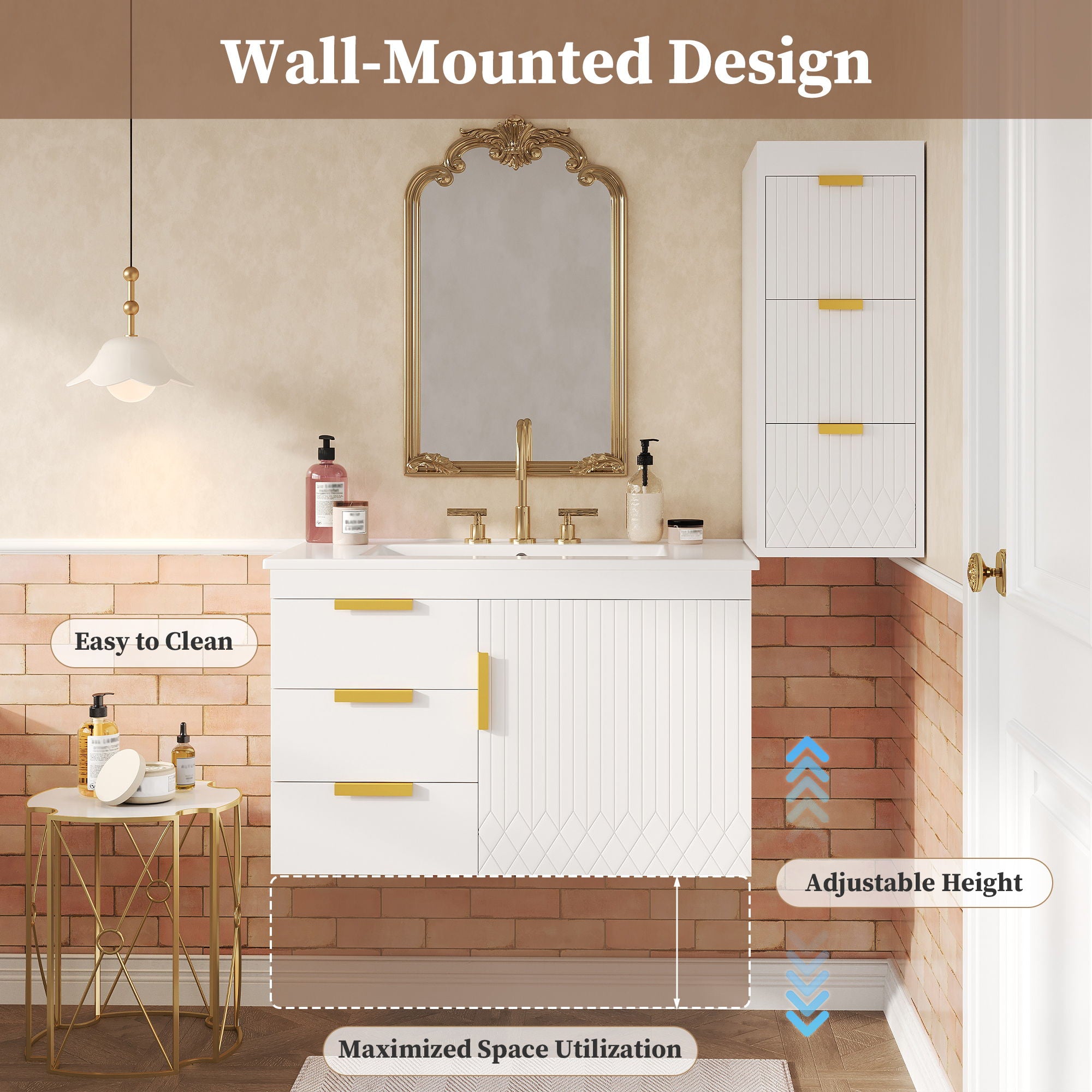 Modern Wall Mounted Bathroom Cabinet With Ceramic Sink, Soft-Closing Drawer And Door